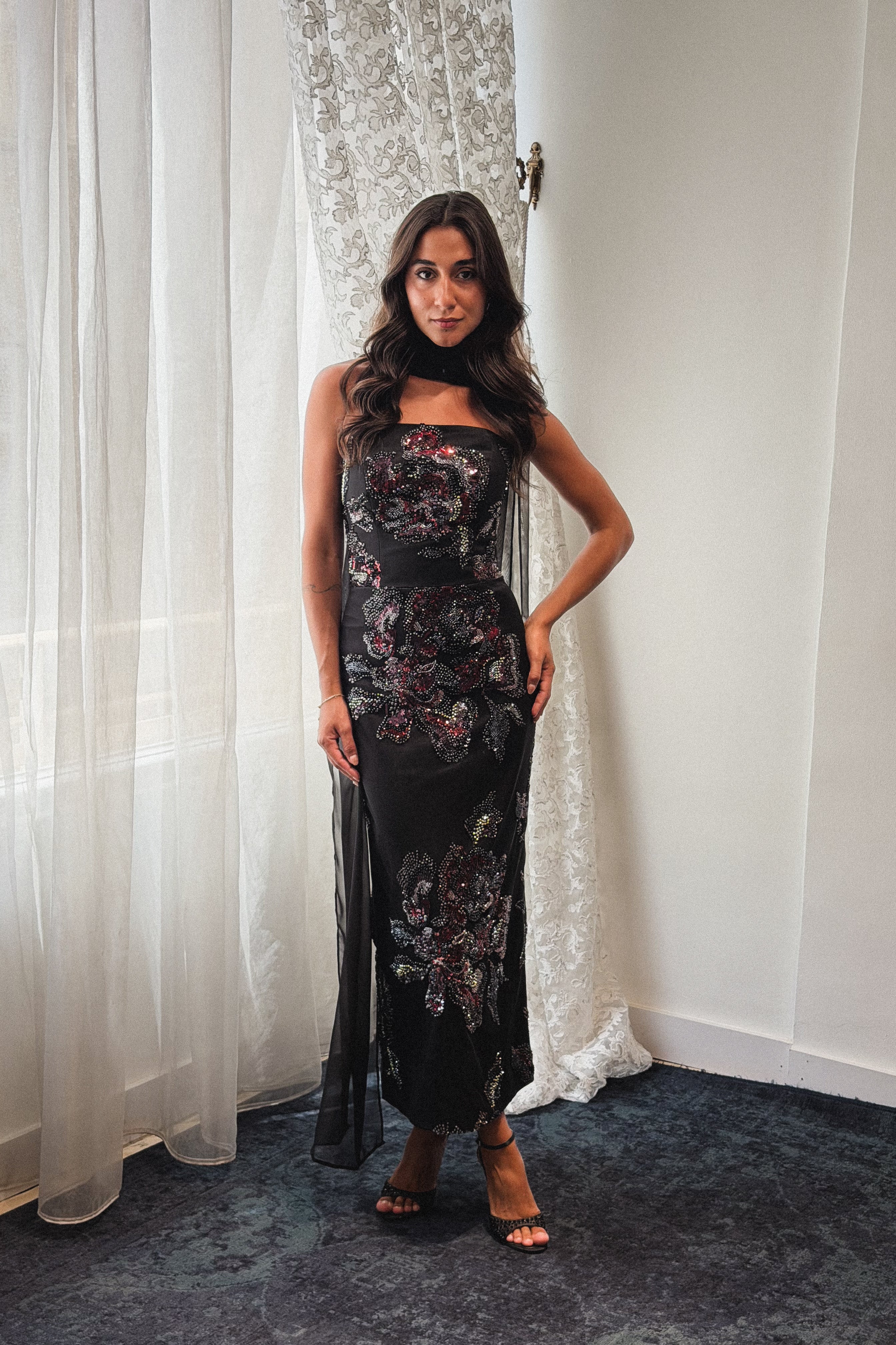 Beaded Floral Tube Dress in Black