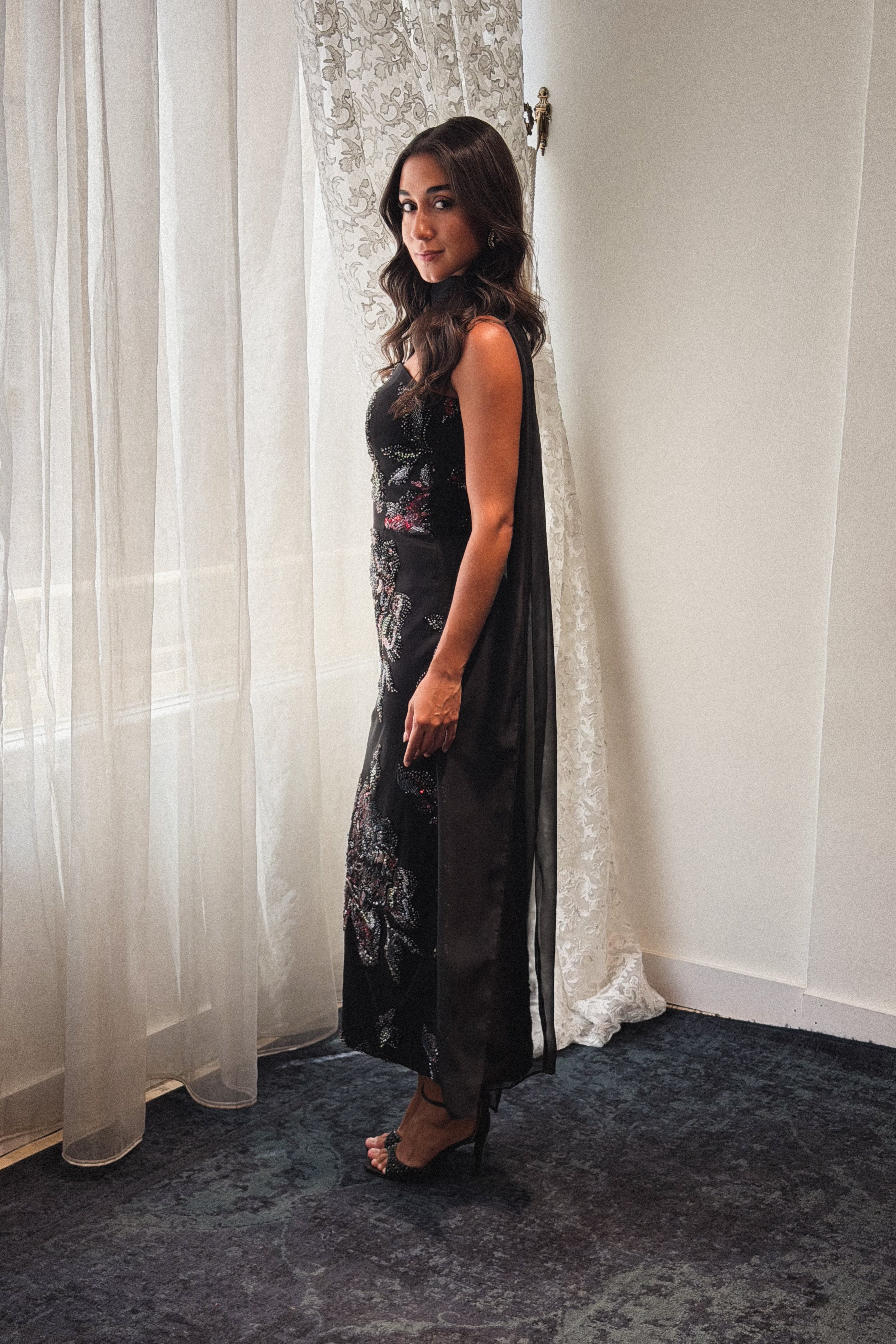 Beaded Floral Tube Dress in Black
