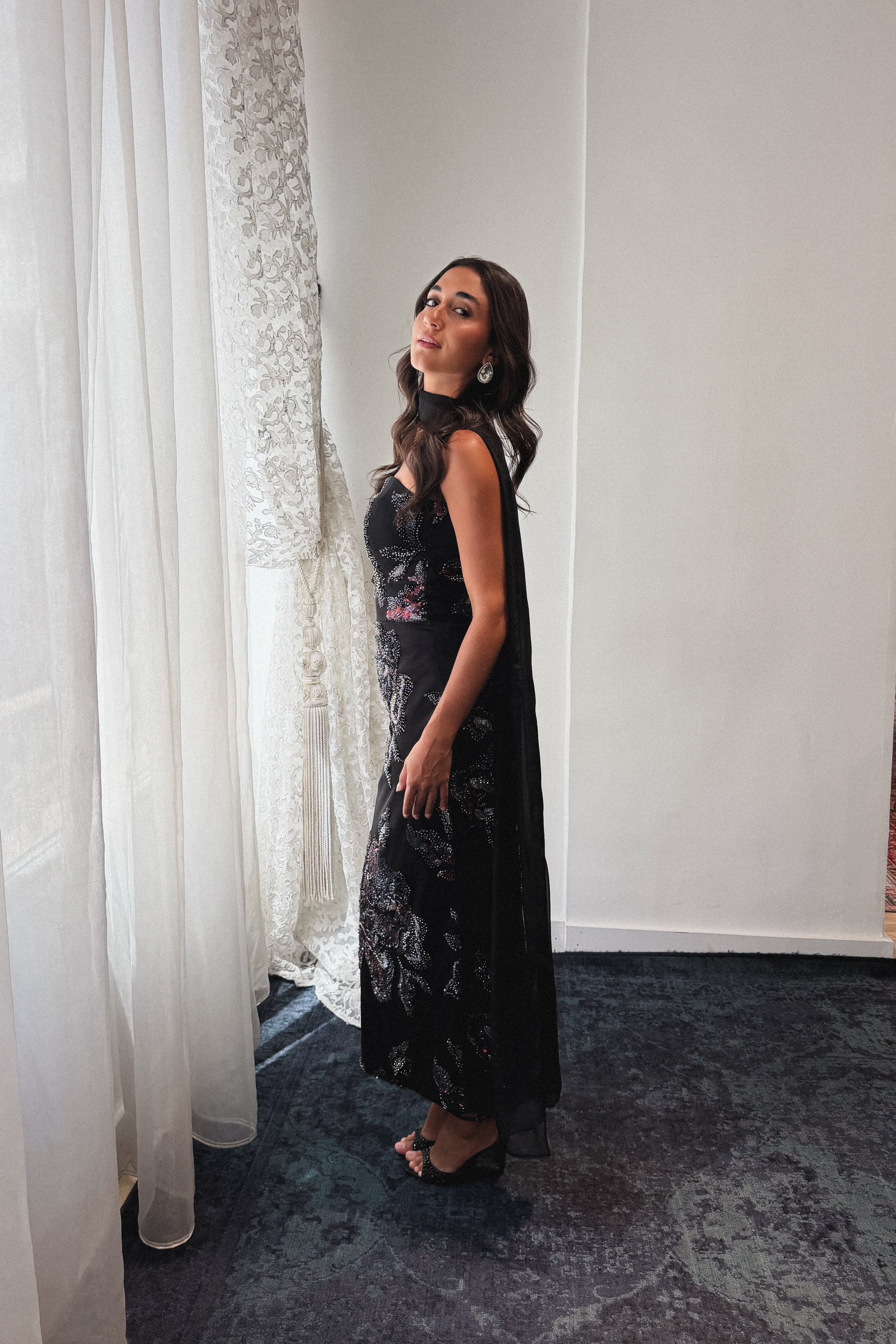 Beaded Floral Tube Dress in Black