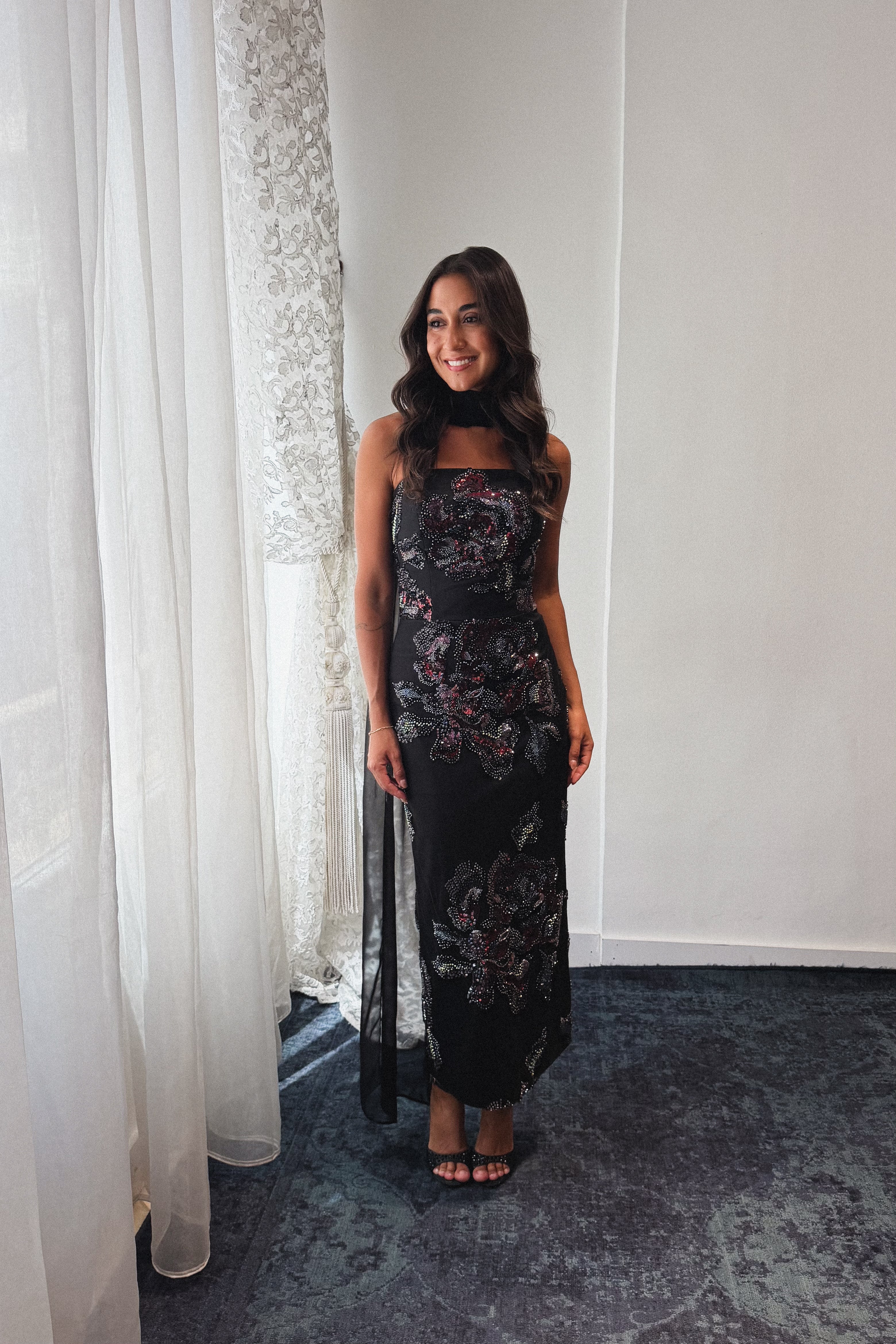 Beaded Floral Tube Dress in Black