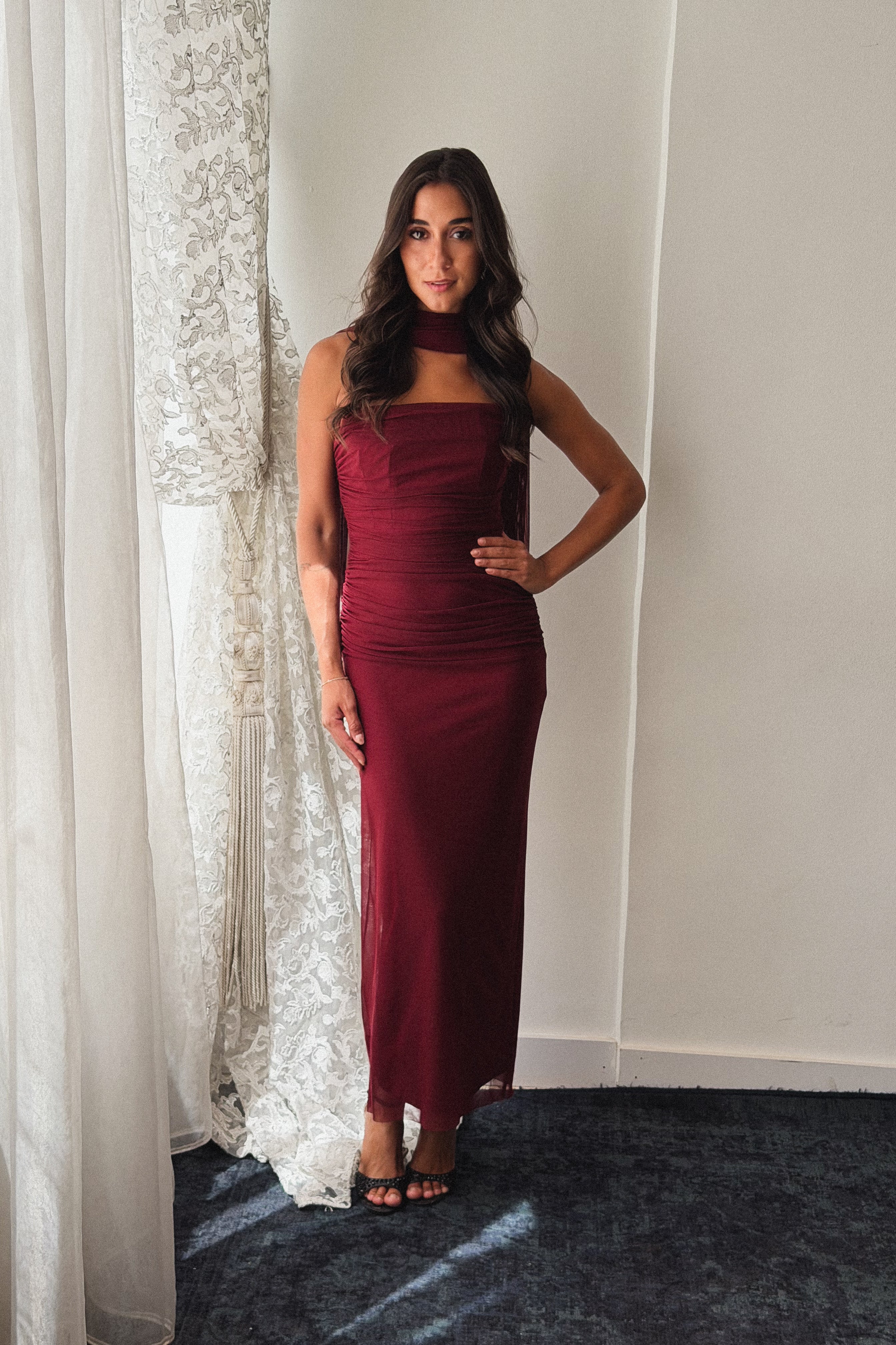 Tulle Midi Dress in Burgundy