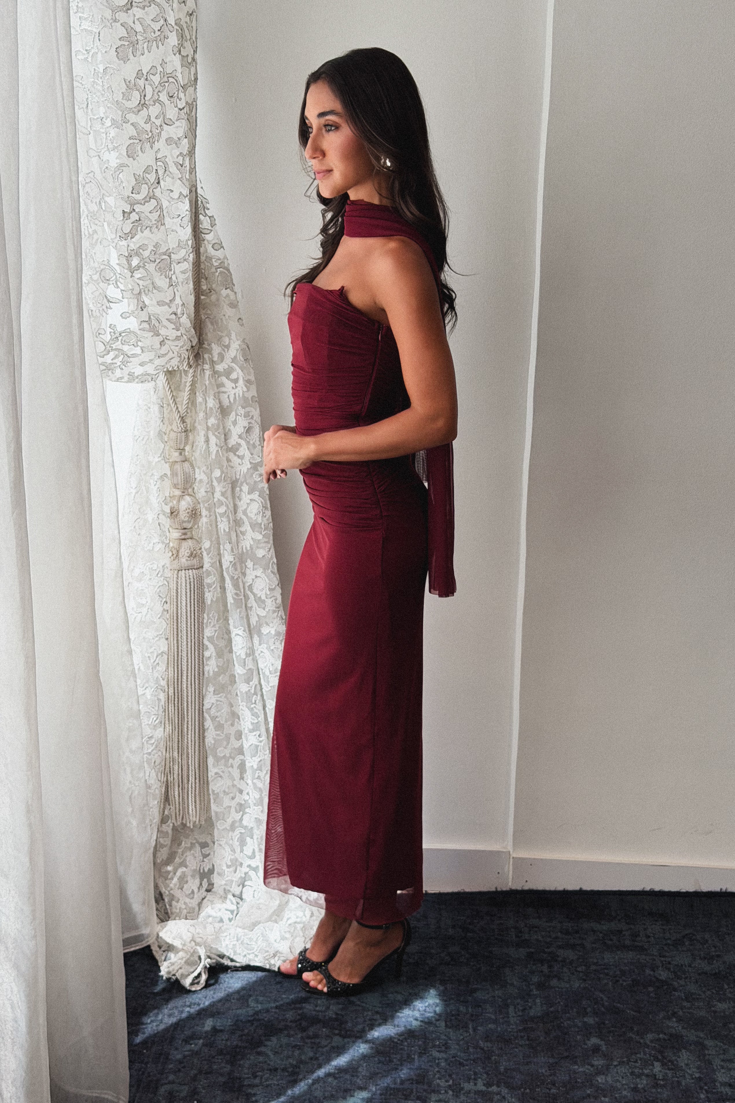 Tulle Midi Dress in Burgundy