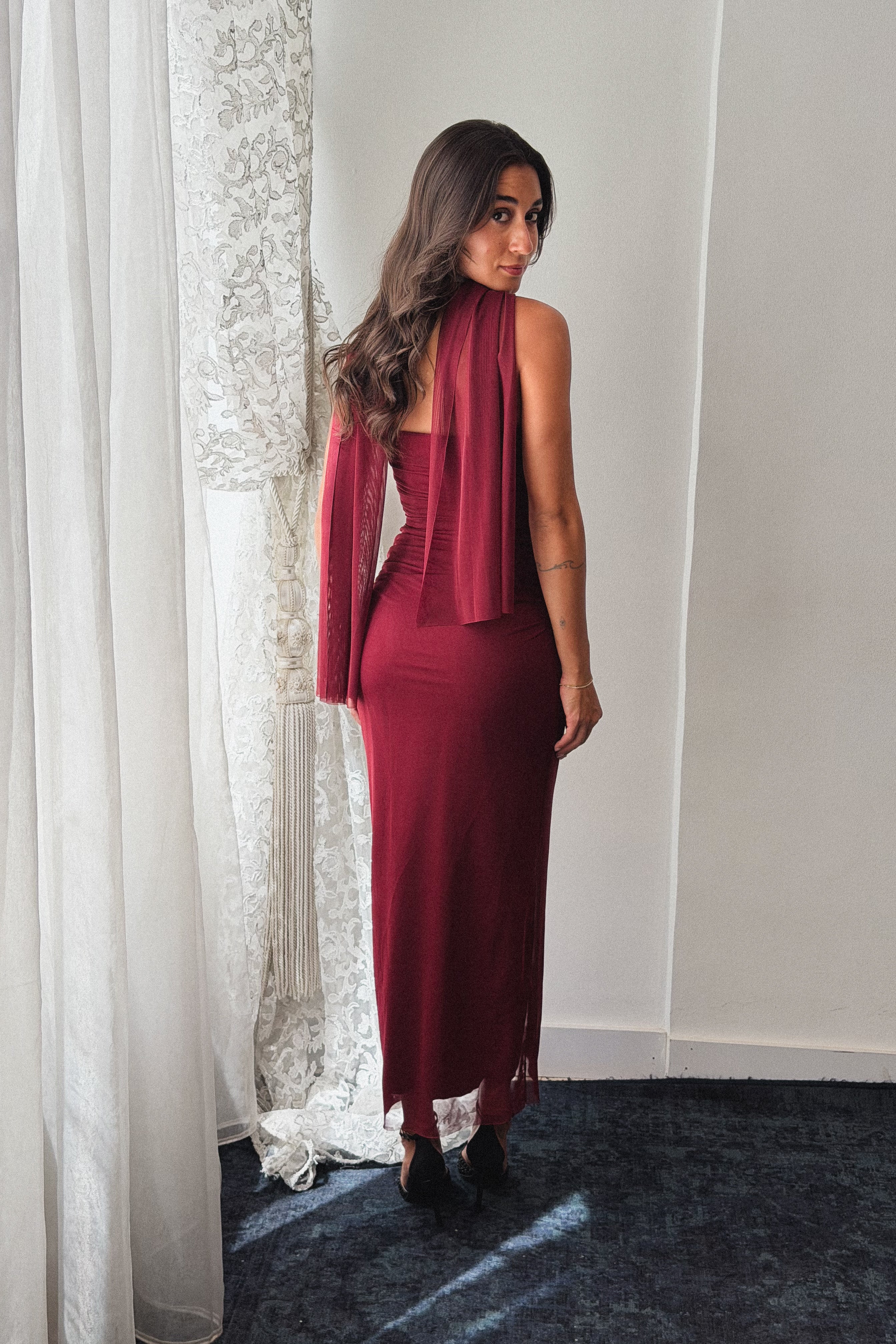 Tulle Midi Dress in Burgundy