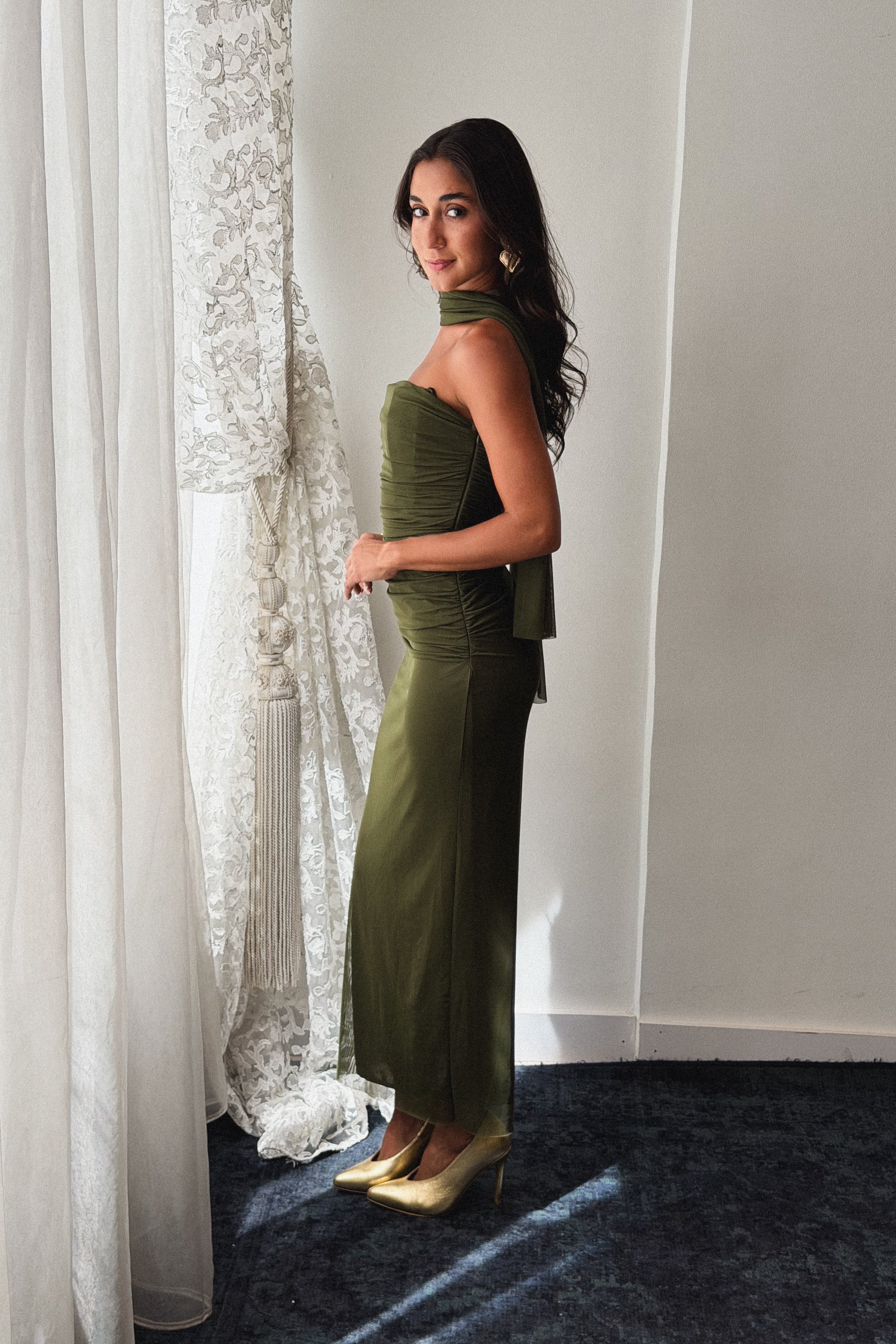 Tulle Midi Dress in Olive