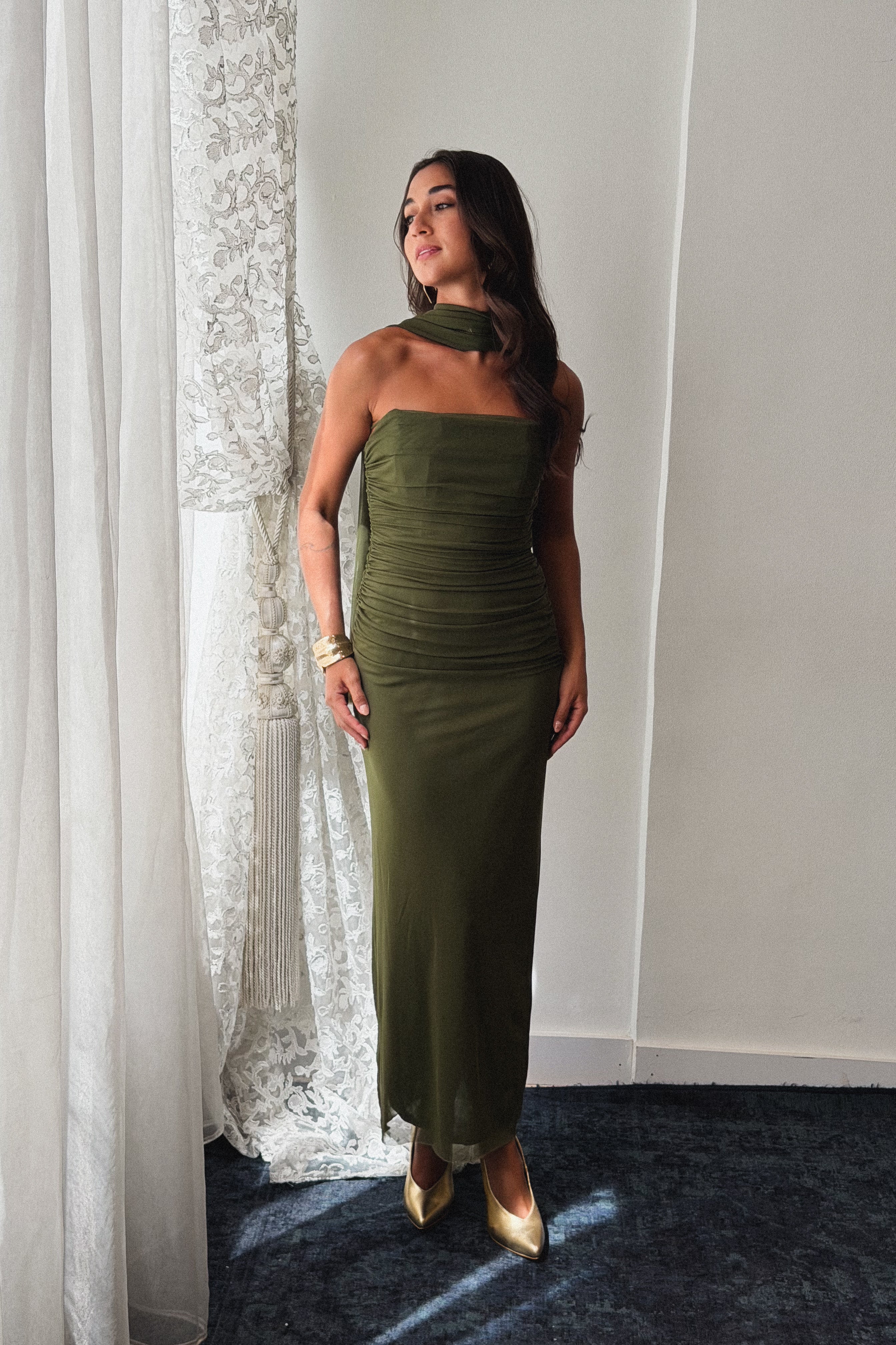 Tulle Midi Dress in Olive