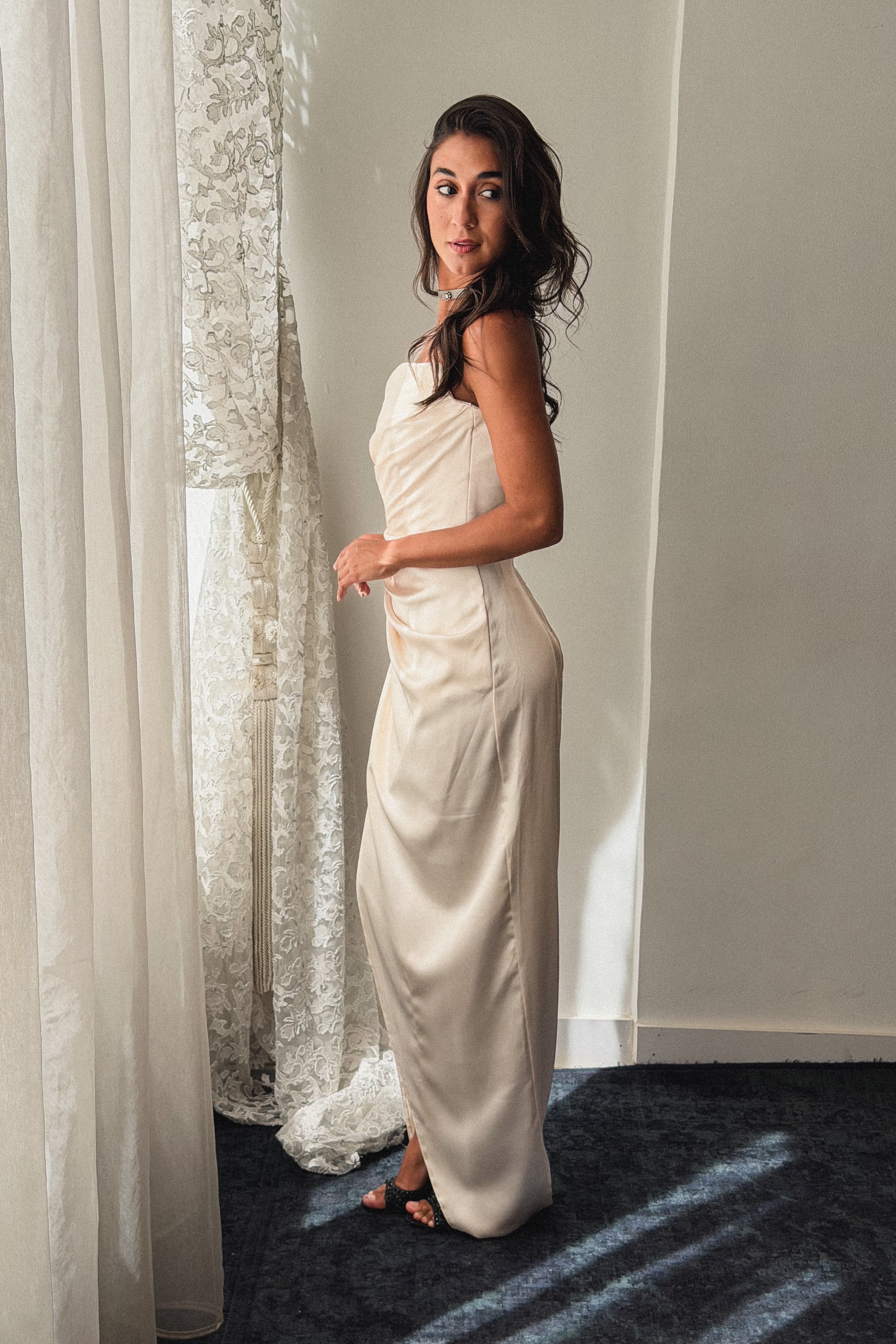 Strapless Long Satin Dress With Slit in Cream