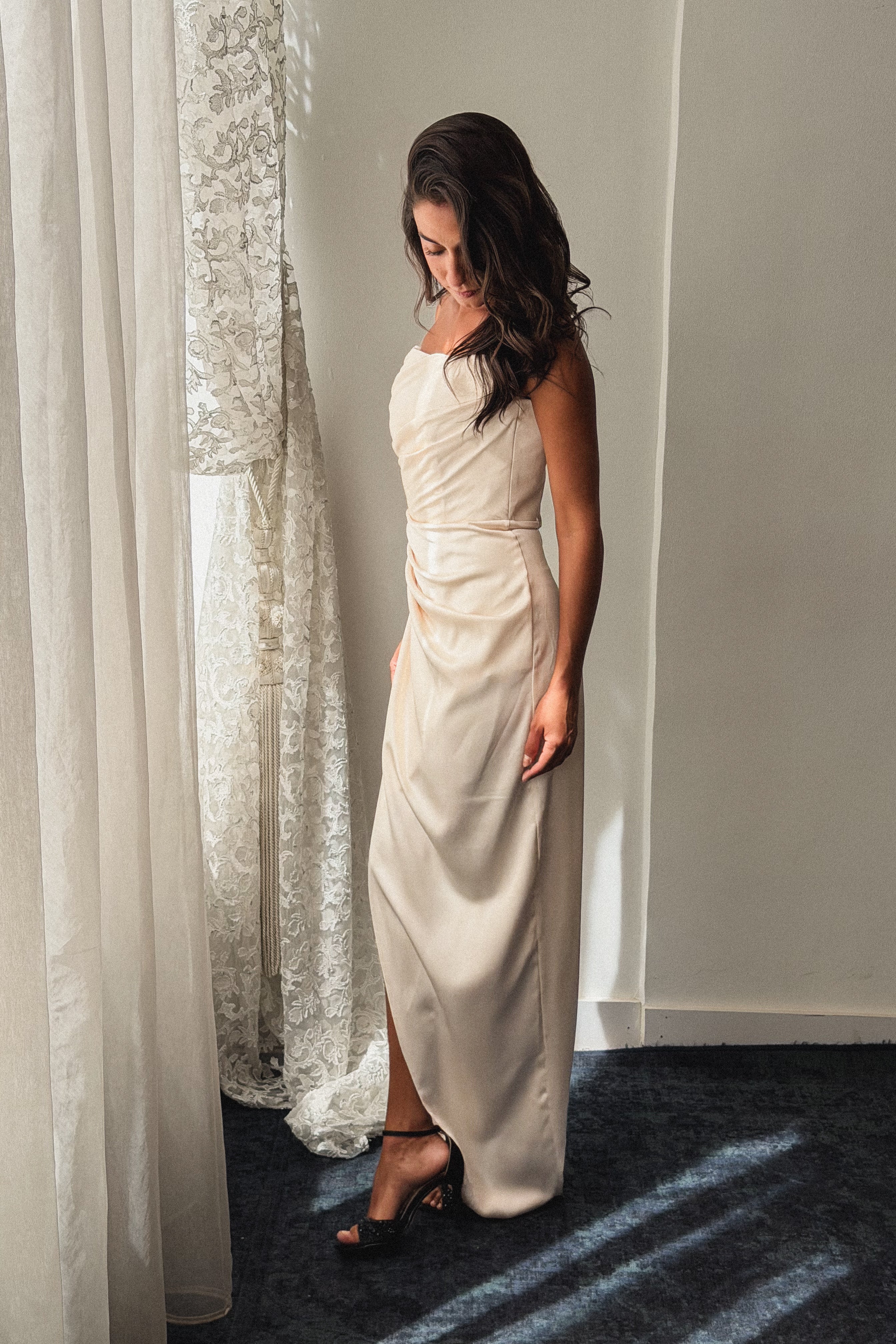 Strapless Long Satin Dress With Slit in Cream