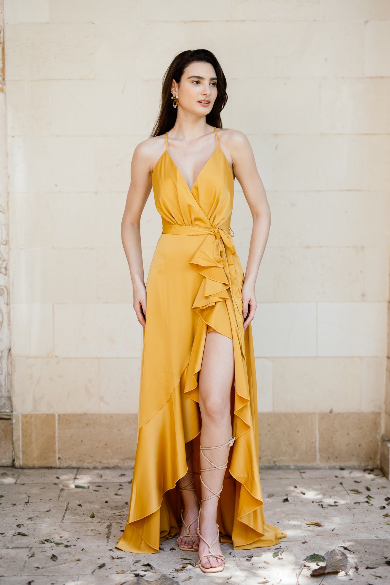 Ruffled backless dress with slit in Mustard