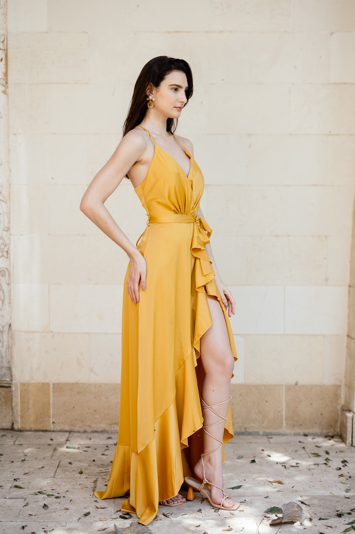 Ruffled backless dress with slit in Mustard