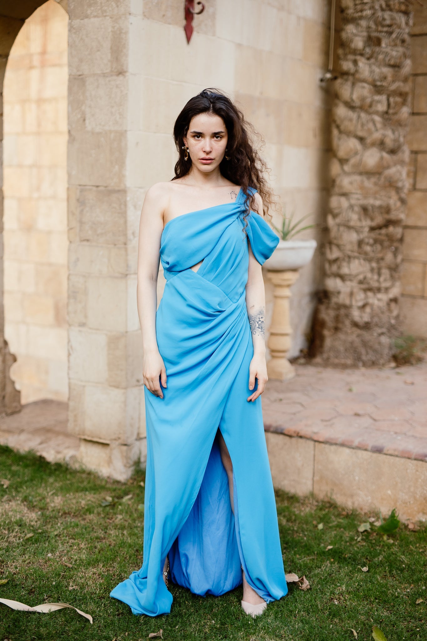 One shoulder crepe dress in Turquoise