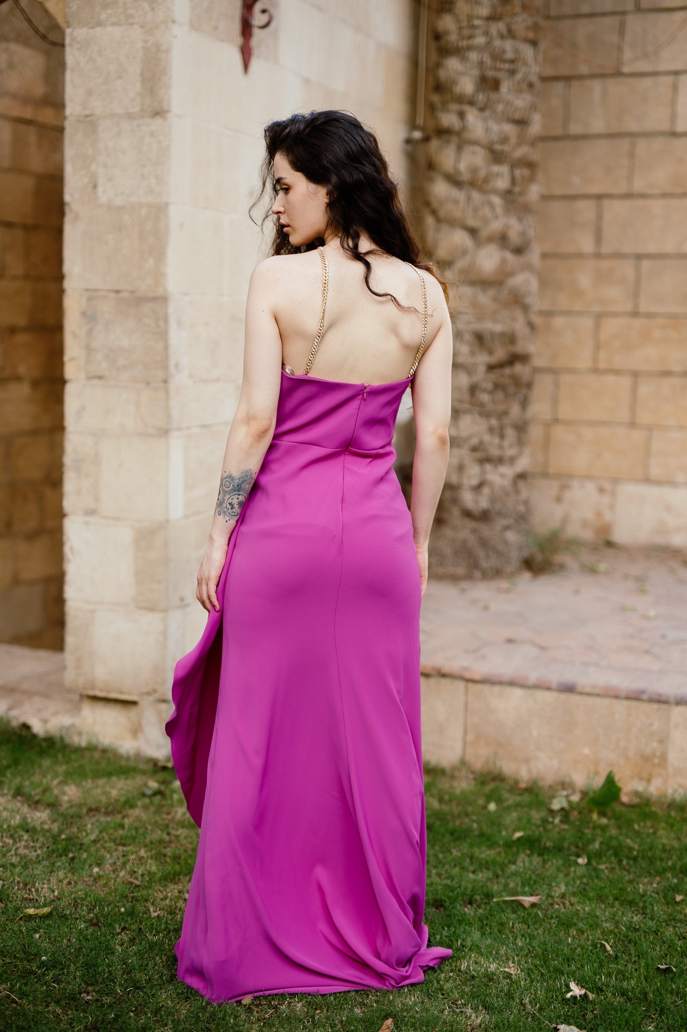 Halter neck dress with slit in Hot Pink