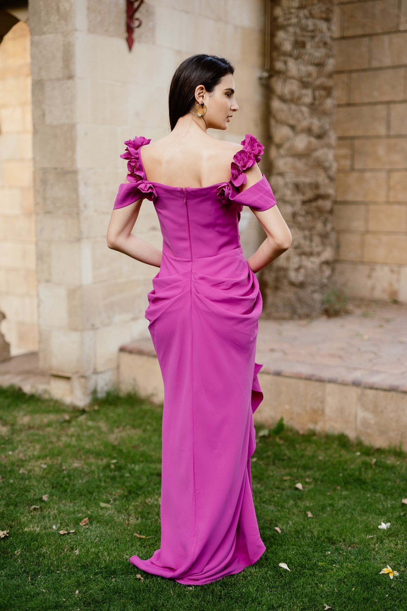 Off shoulder dress with slit in Hot Pink