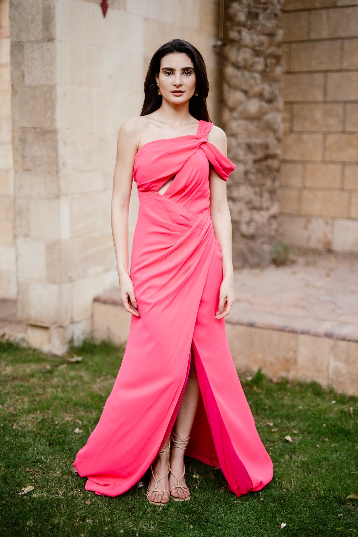 One shoulder crepe dress in Hot Pink