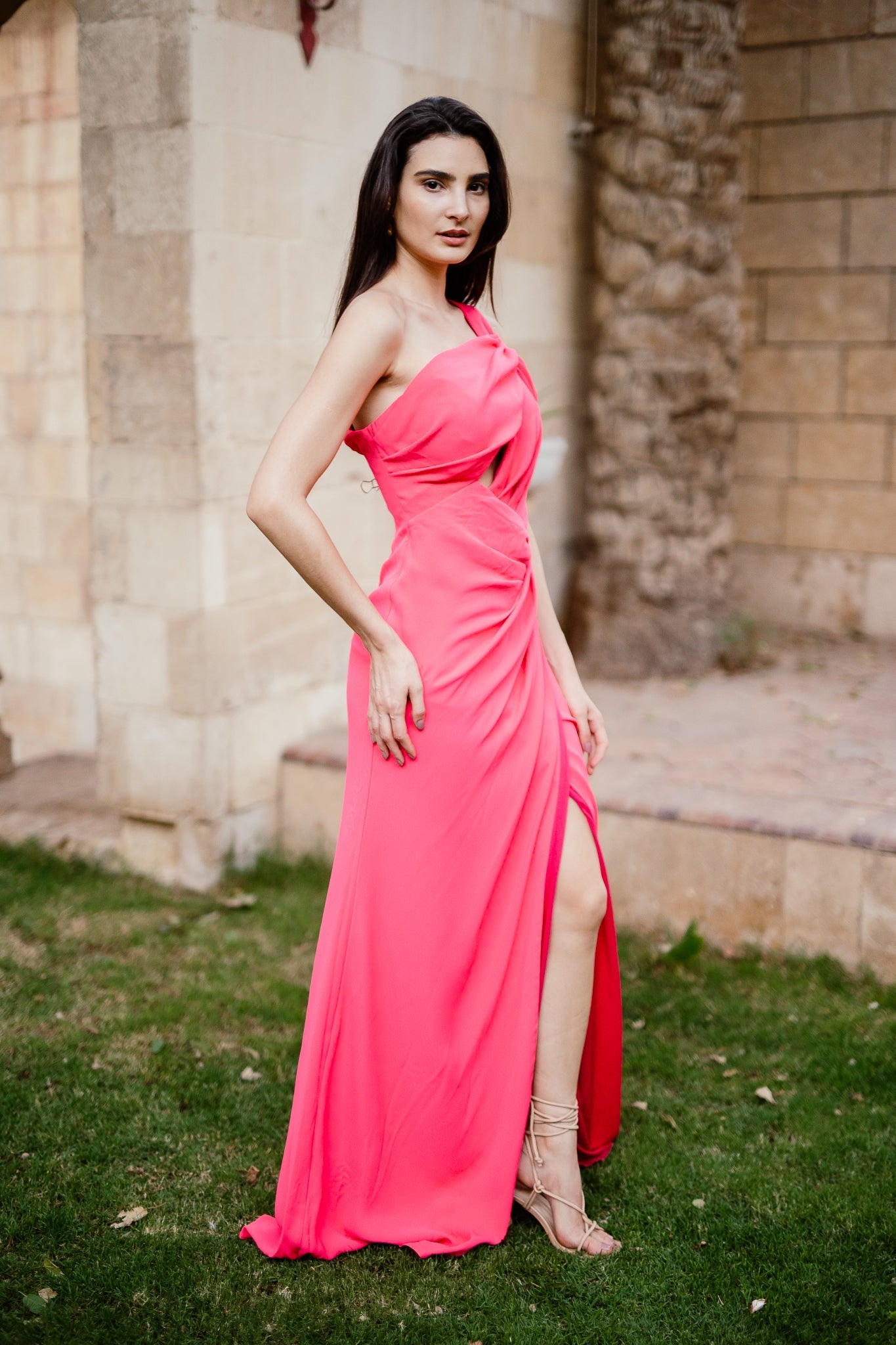 One shoulder crepe dress in Hot Pink