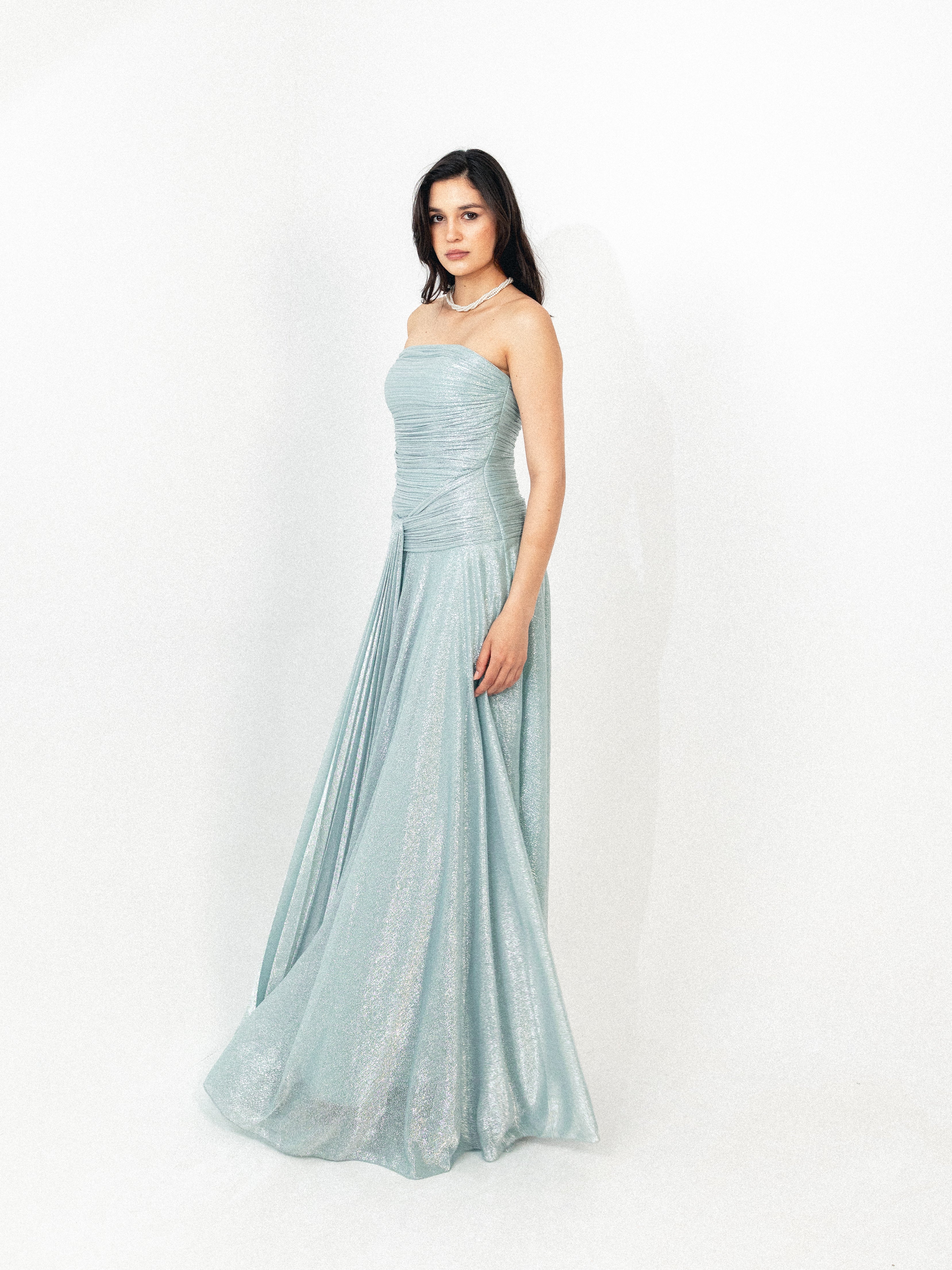 Strapless draped long dress in BABY blue
