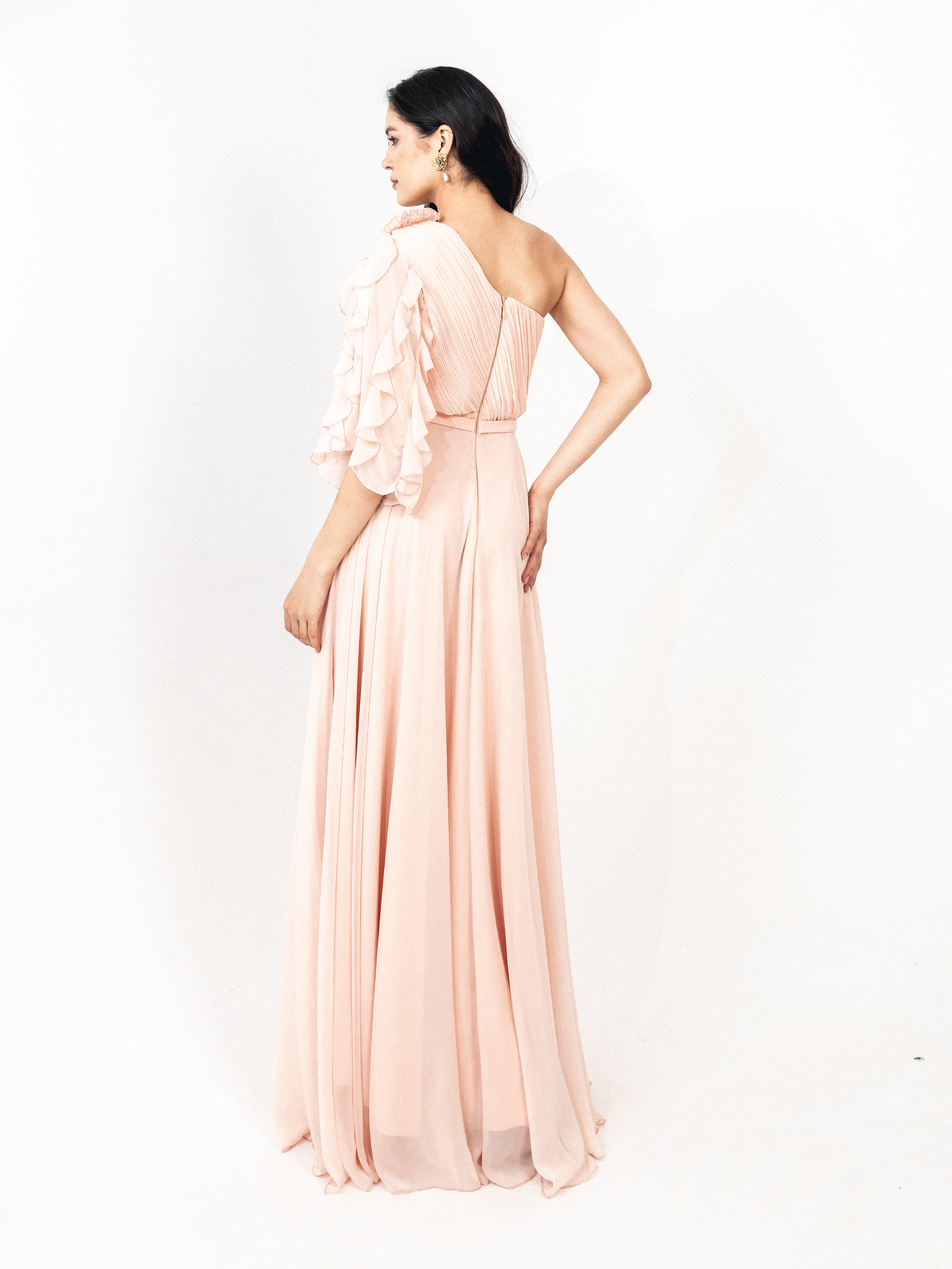 One shoulder chiffon dress with slit in SIMON