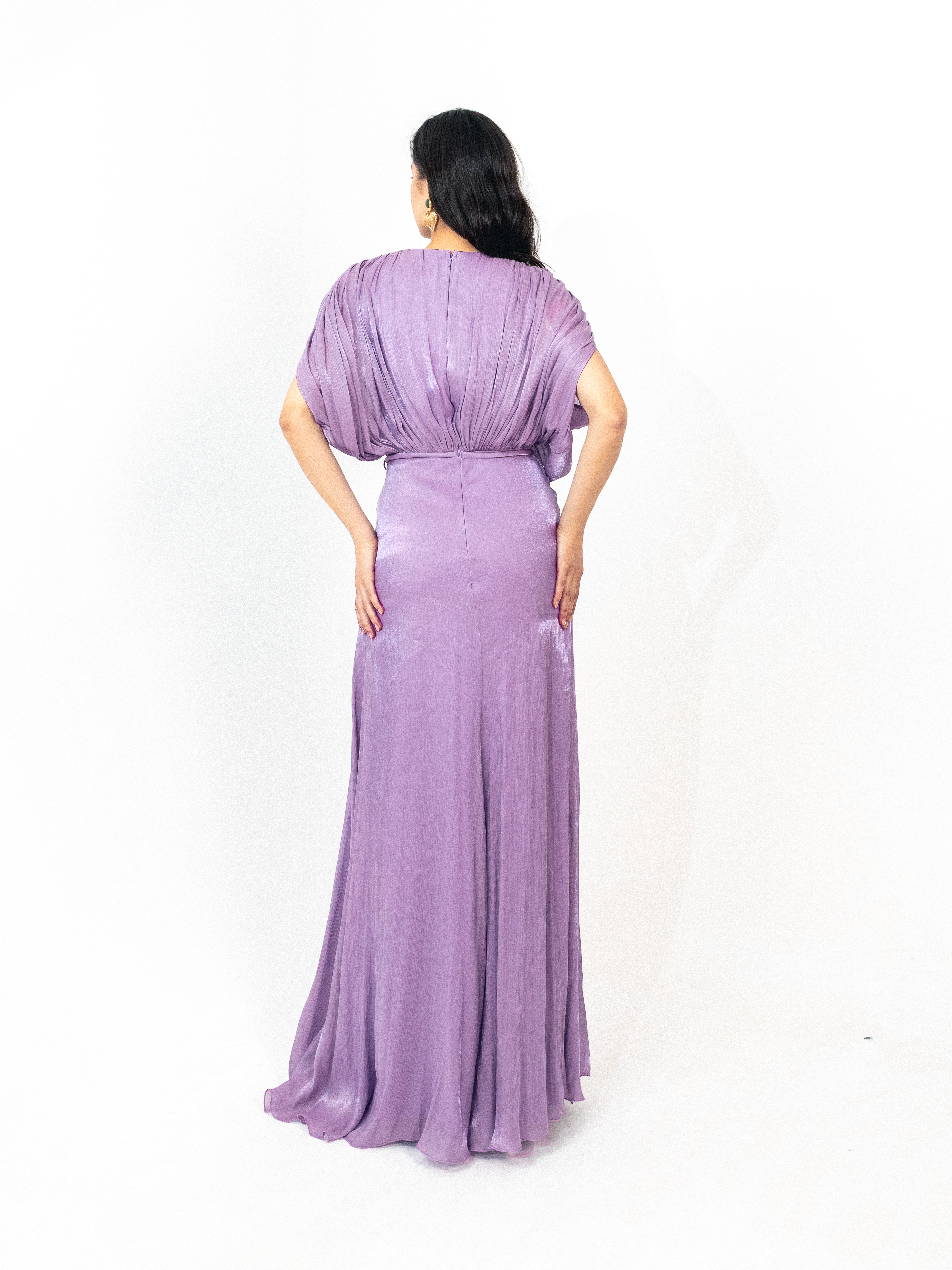 Draped organza long dress with slit in lilac