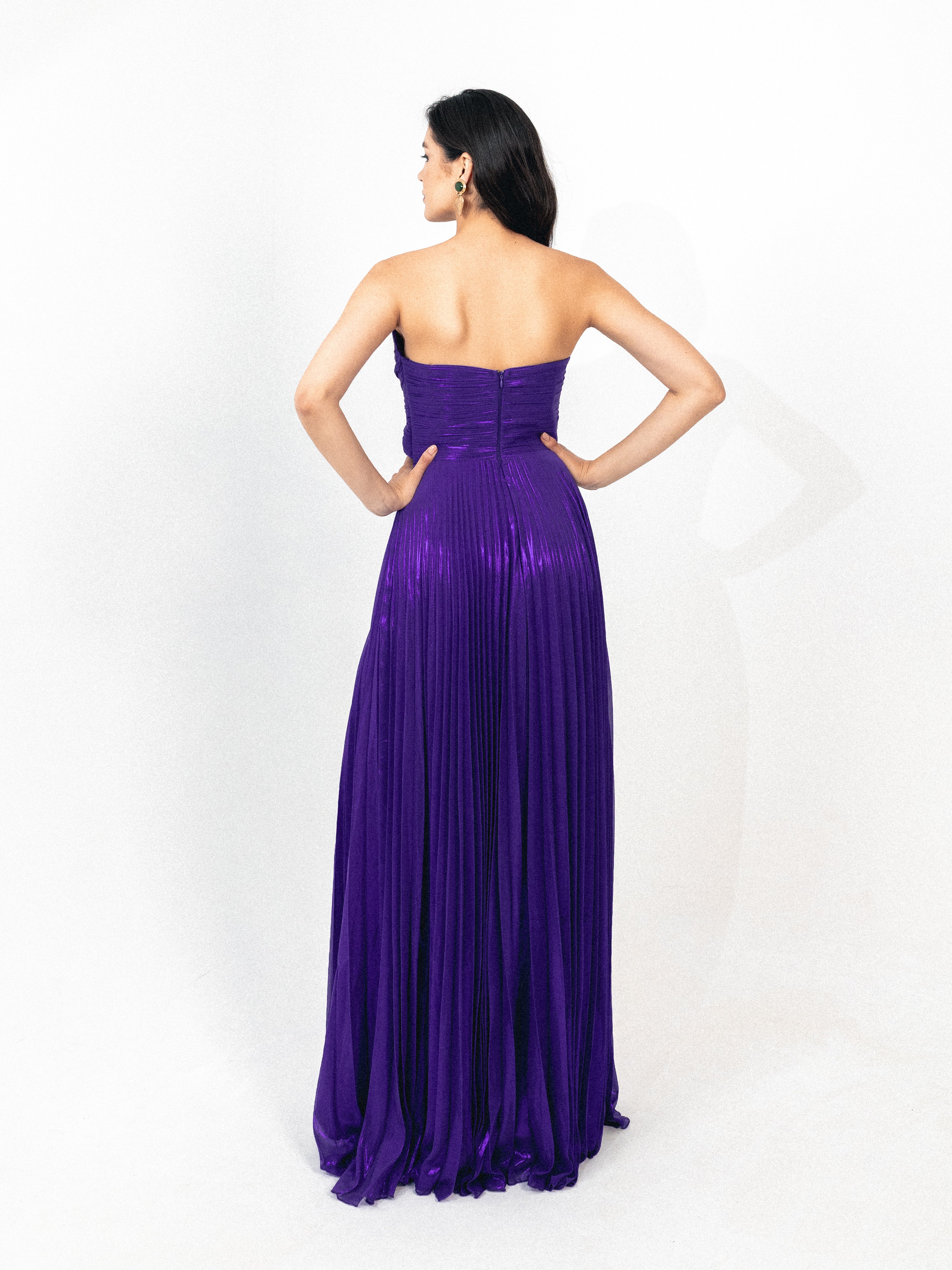 Strapless cutout plisse long dress in purple