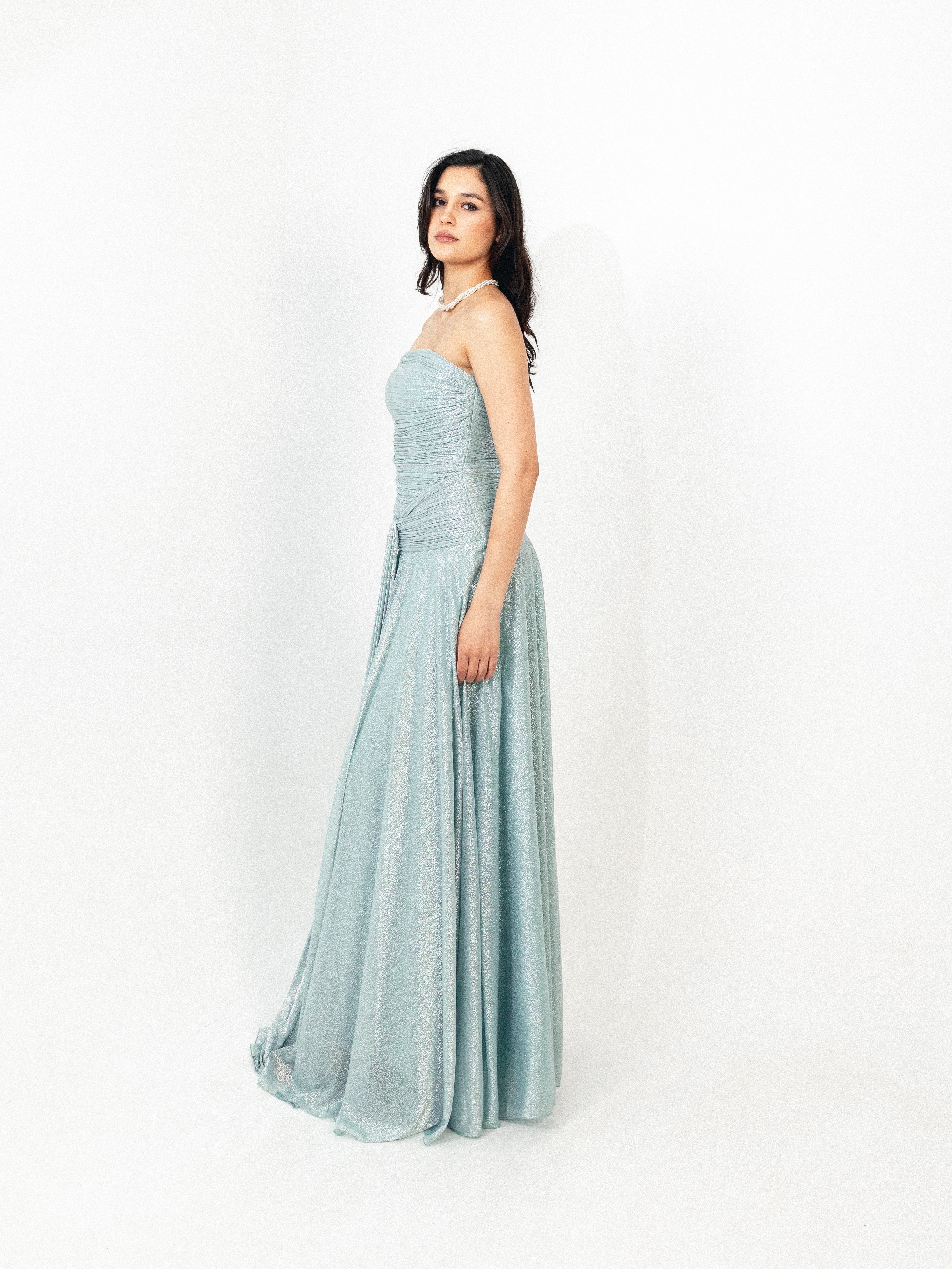 Strapless draped long dress in BABY blue