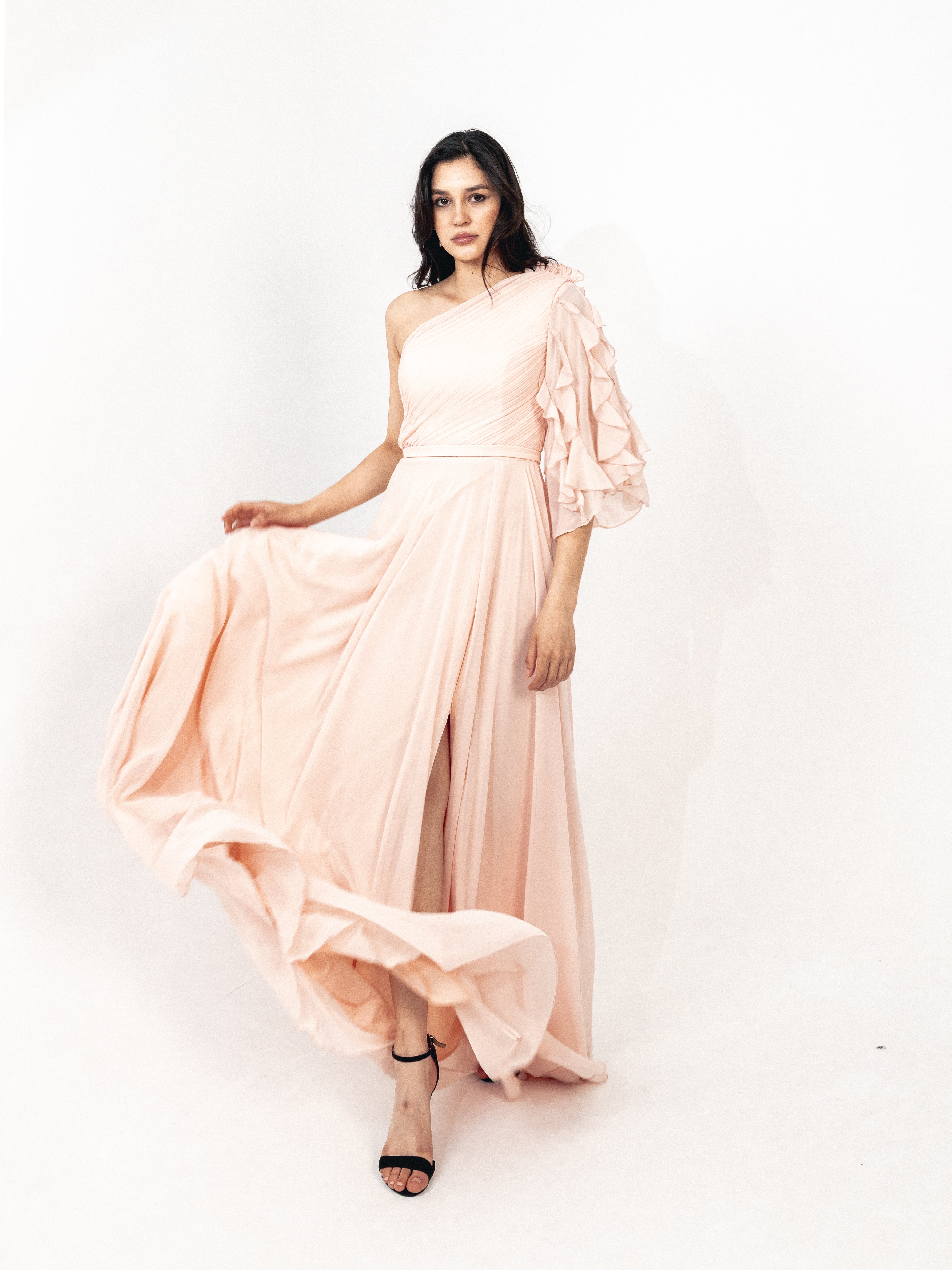 One shoulder chiffon dress with slit in SIMON