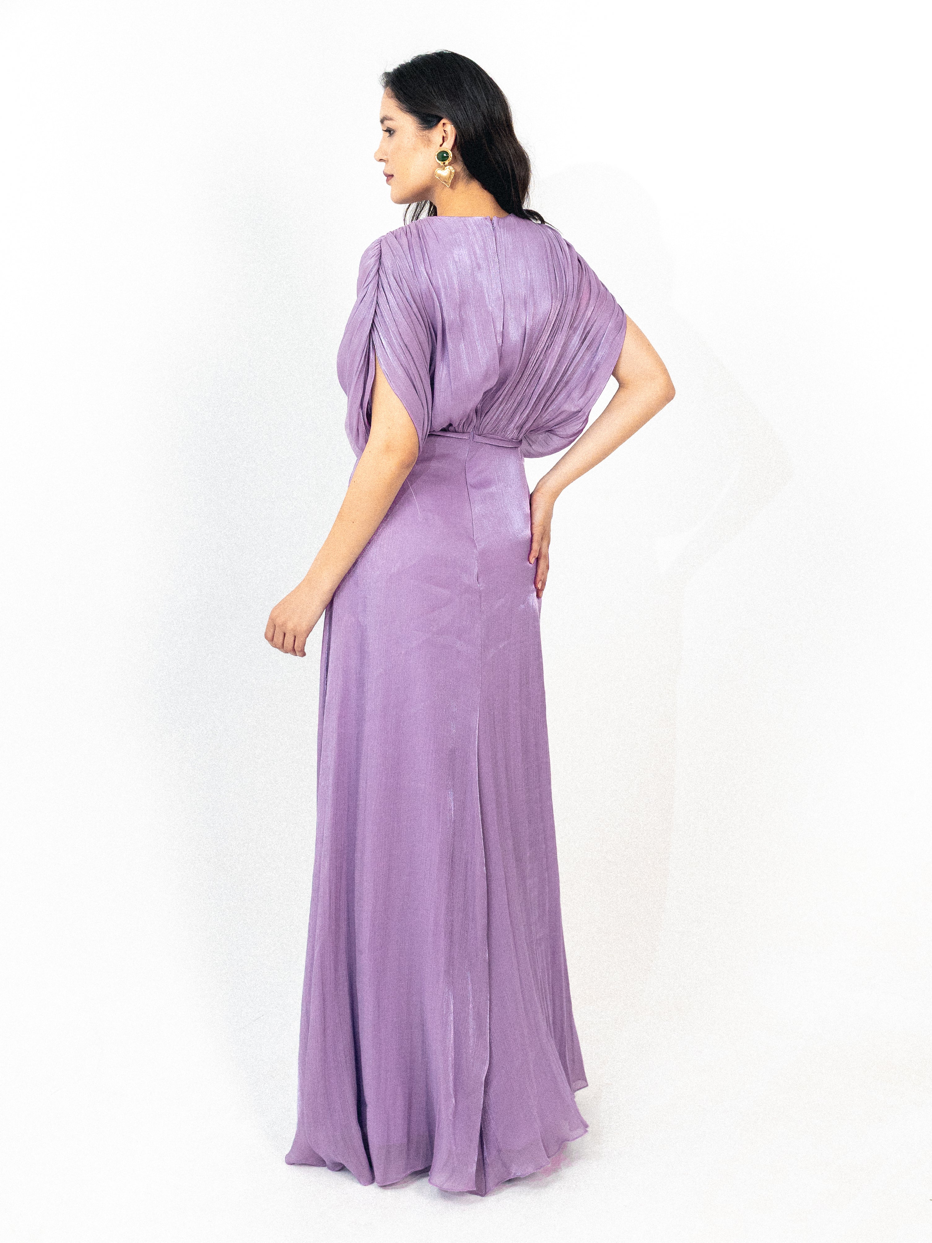 Draped organza long dress with slit in lilac