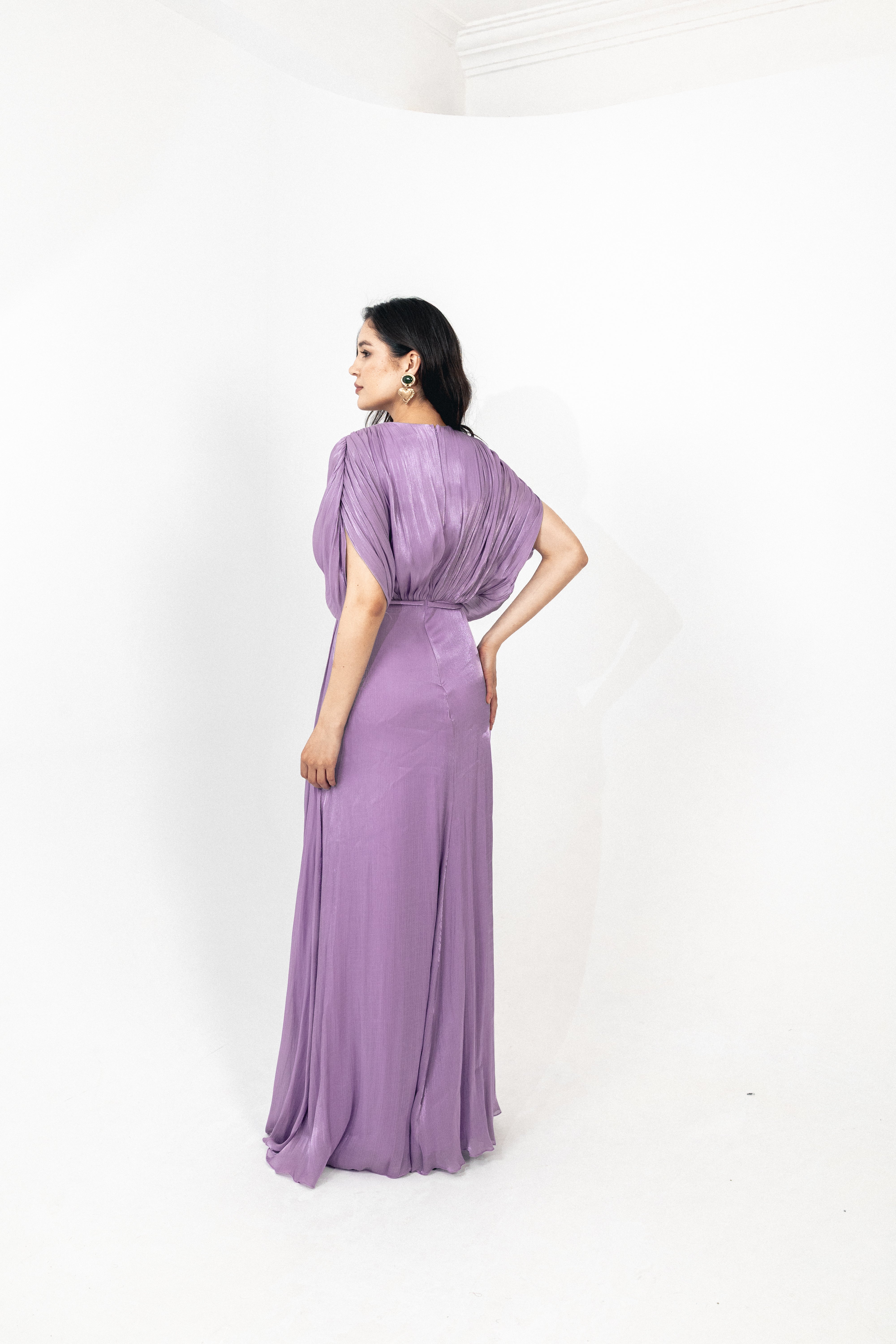 Draped organza long dress with slit in lilac