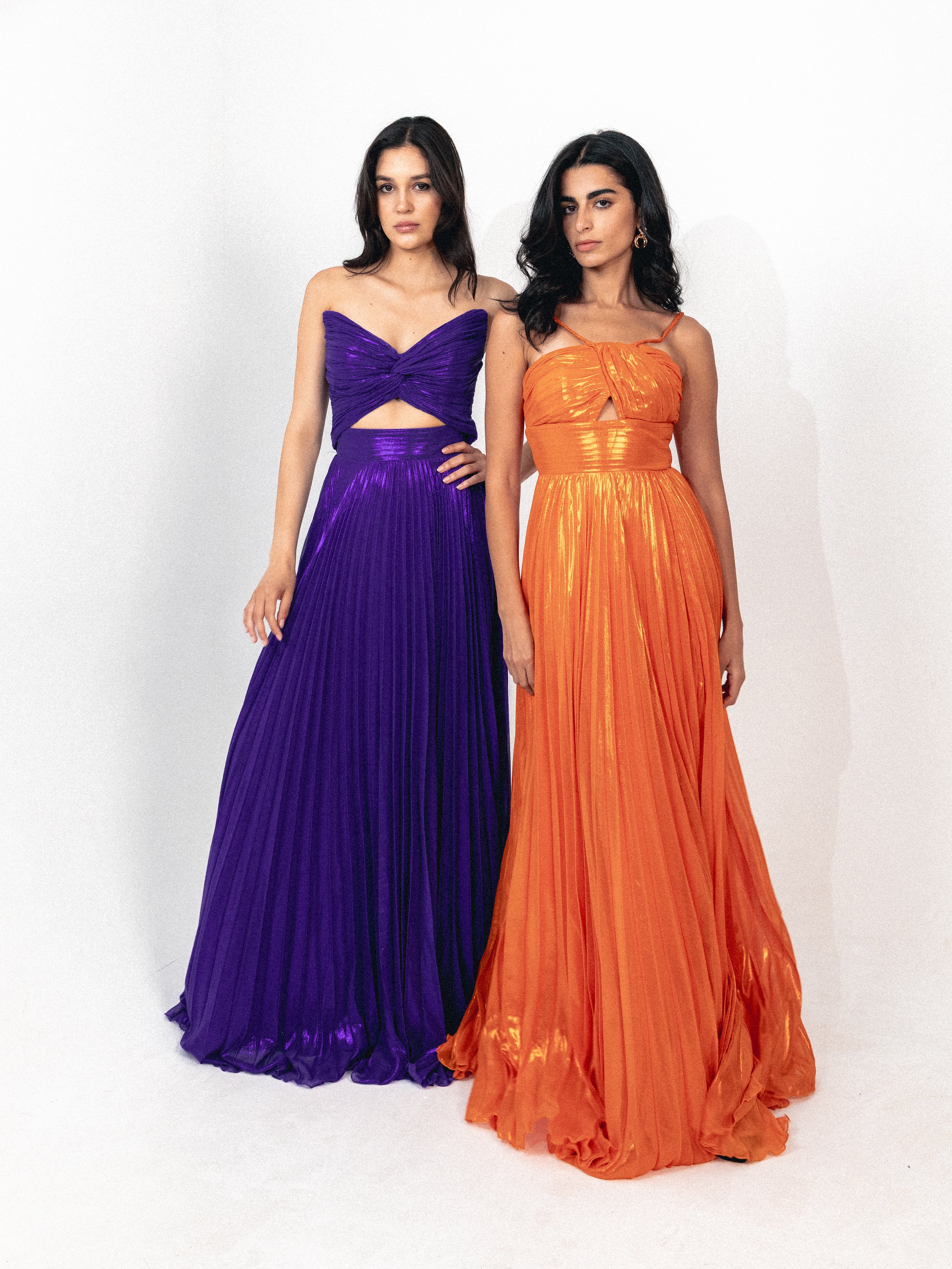 Strapless cutout plisse long dress in purple