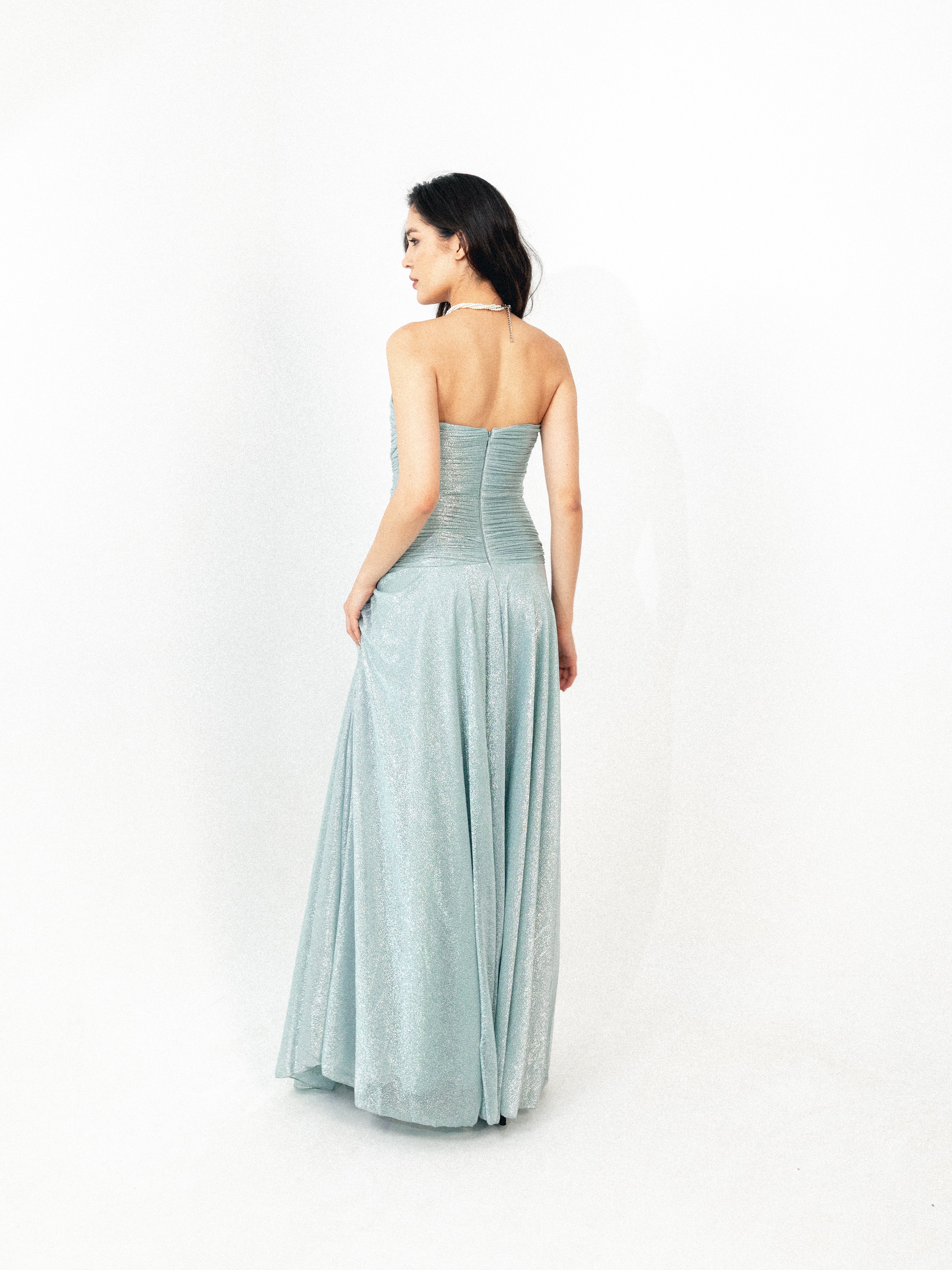 Strapless draped long dress in BABY blue