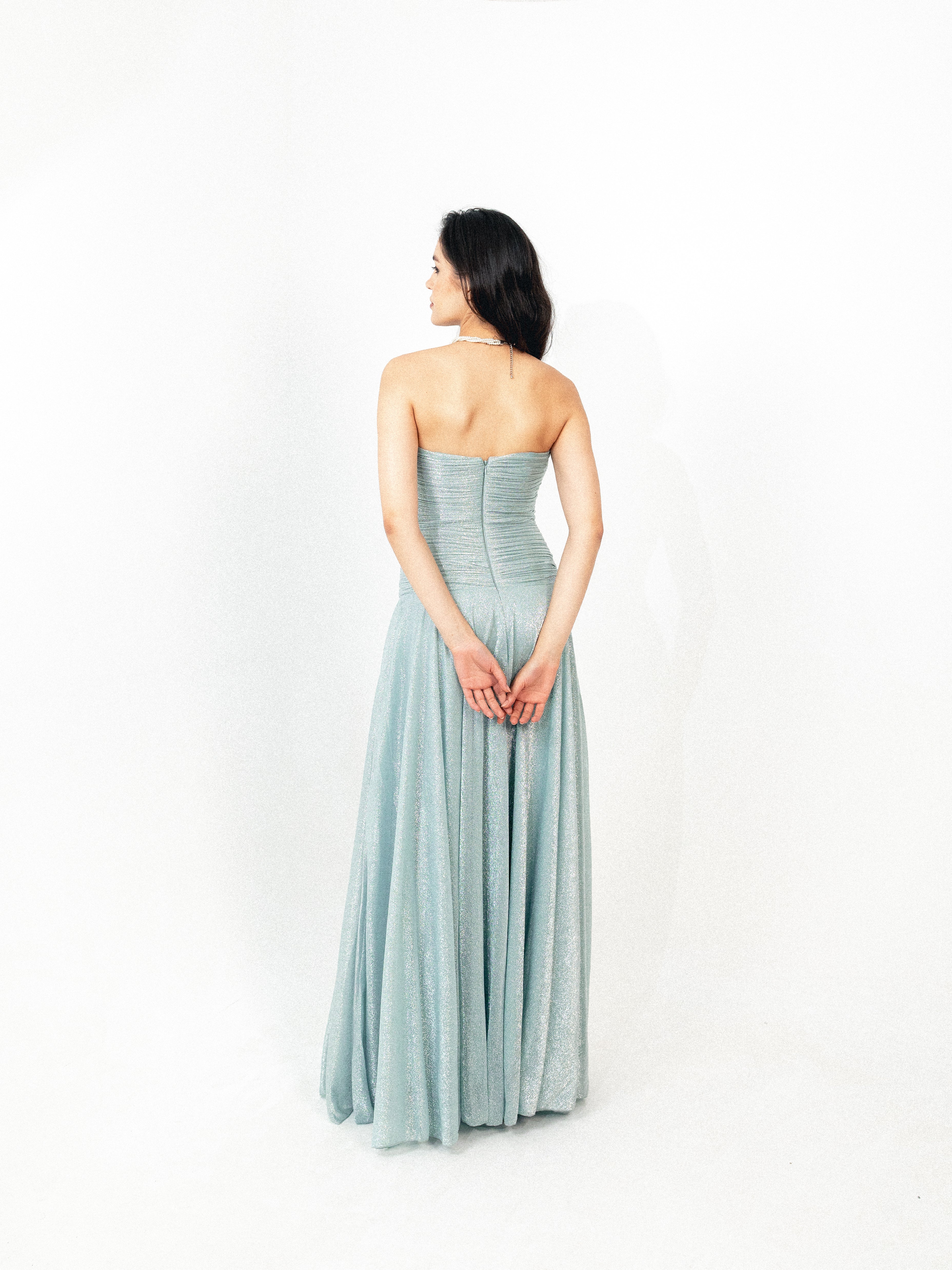 Strapless draped long dress in BABY blue