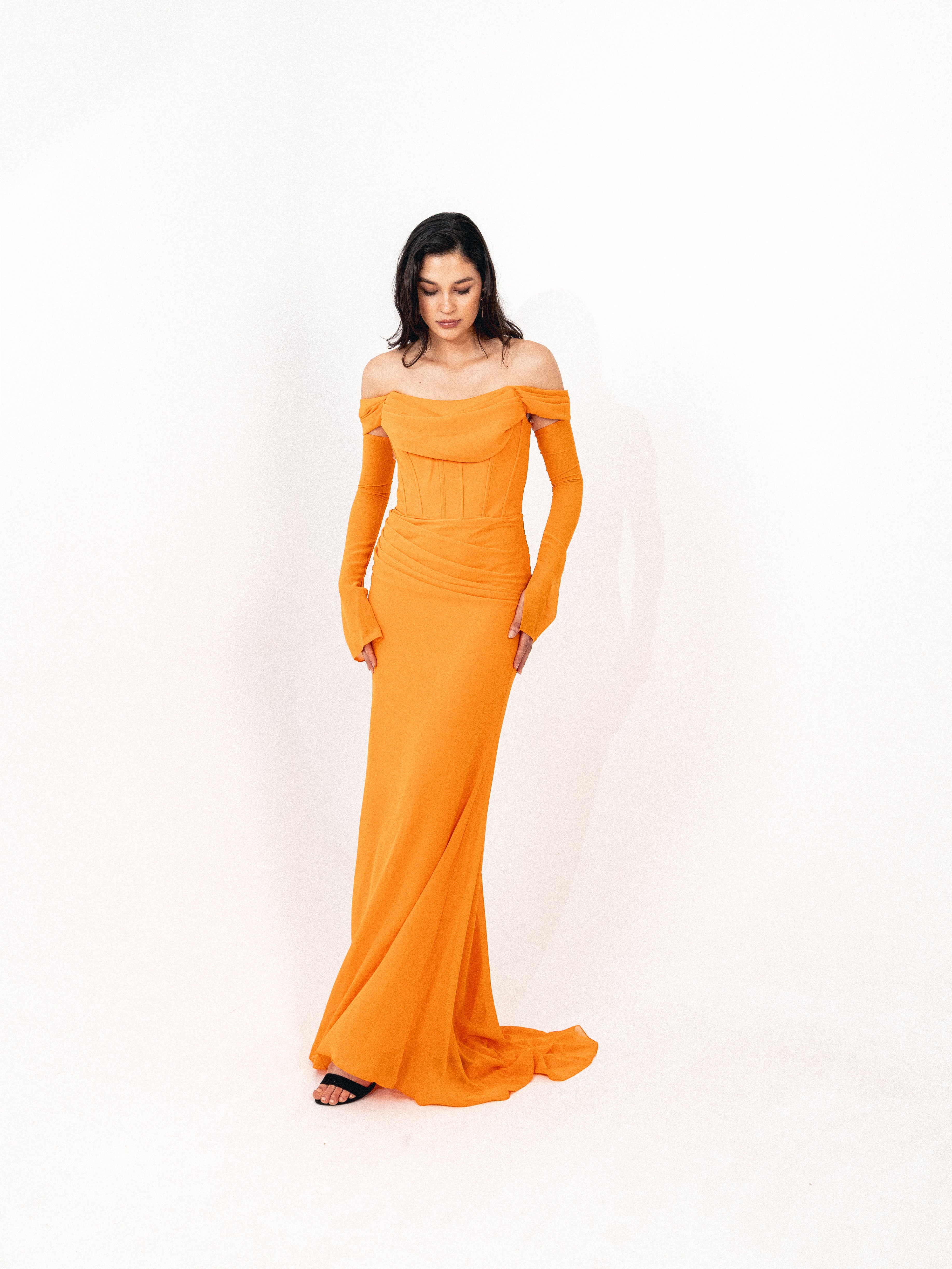 Off shoulder corset chiffon dress in ORANGE