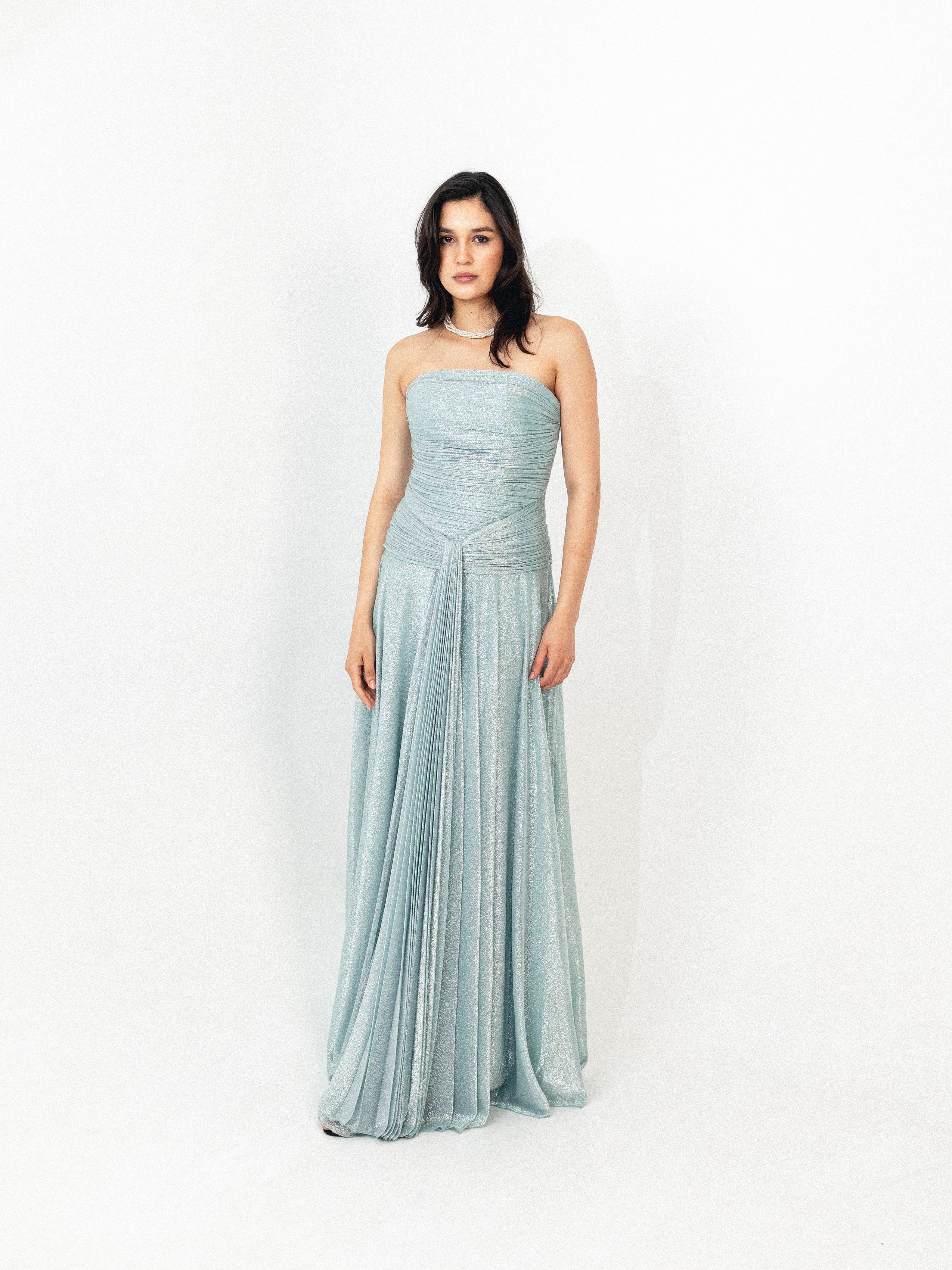 Strapless draped long dress in BABY blue