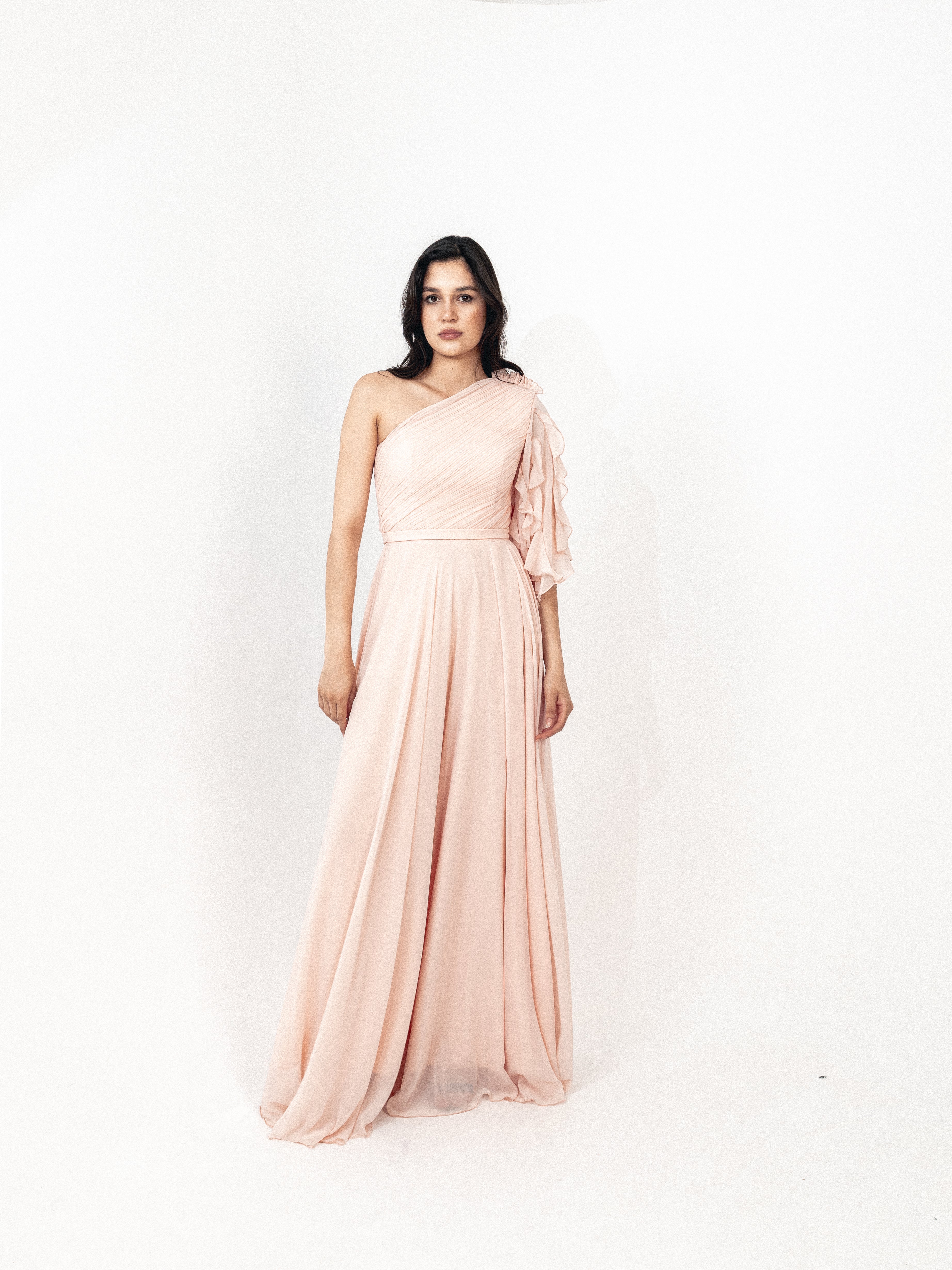 One shoulder chiffon dress with slit in SIMON