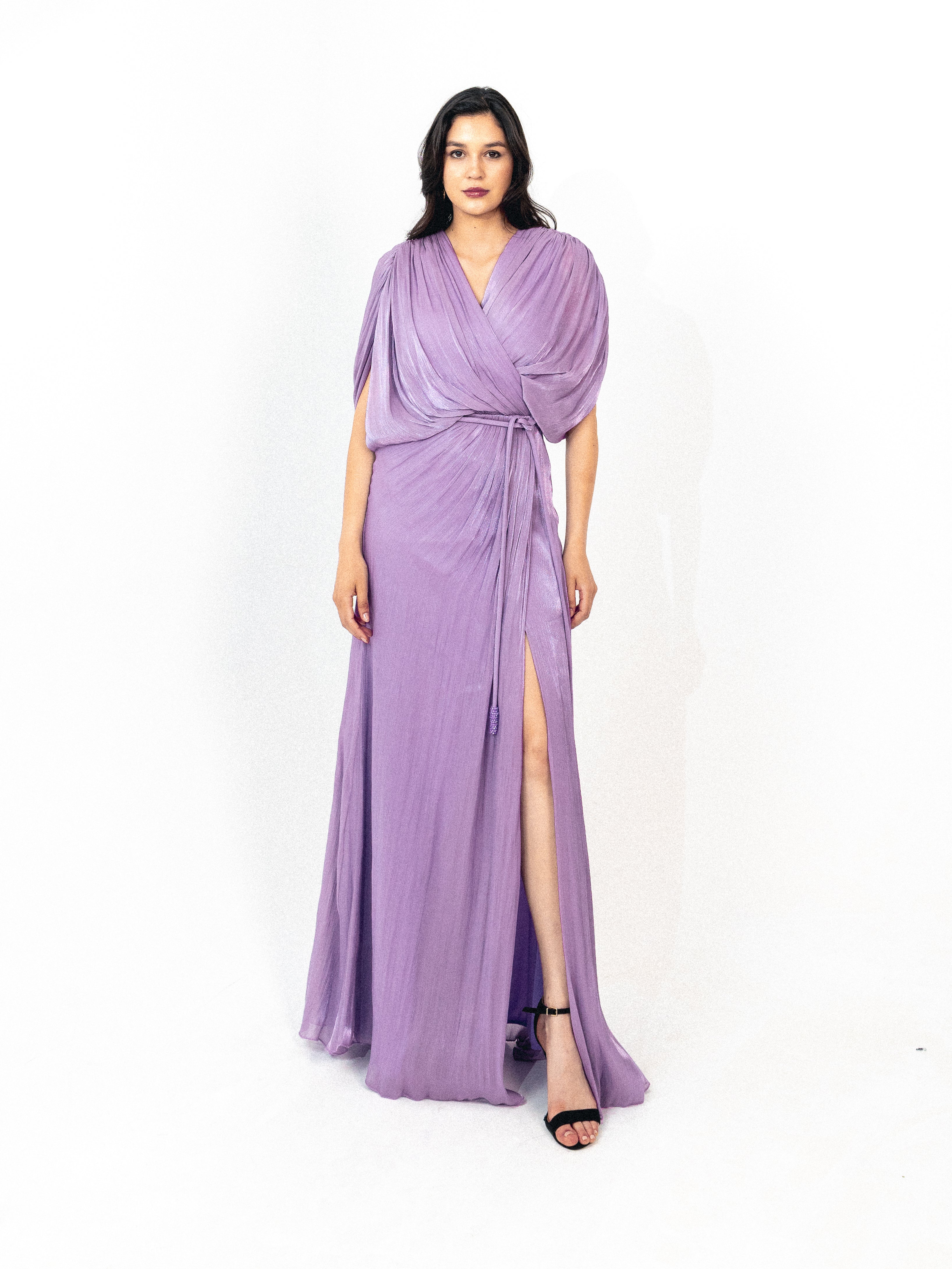 Draped organza long dress with slit in lilac