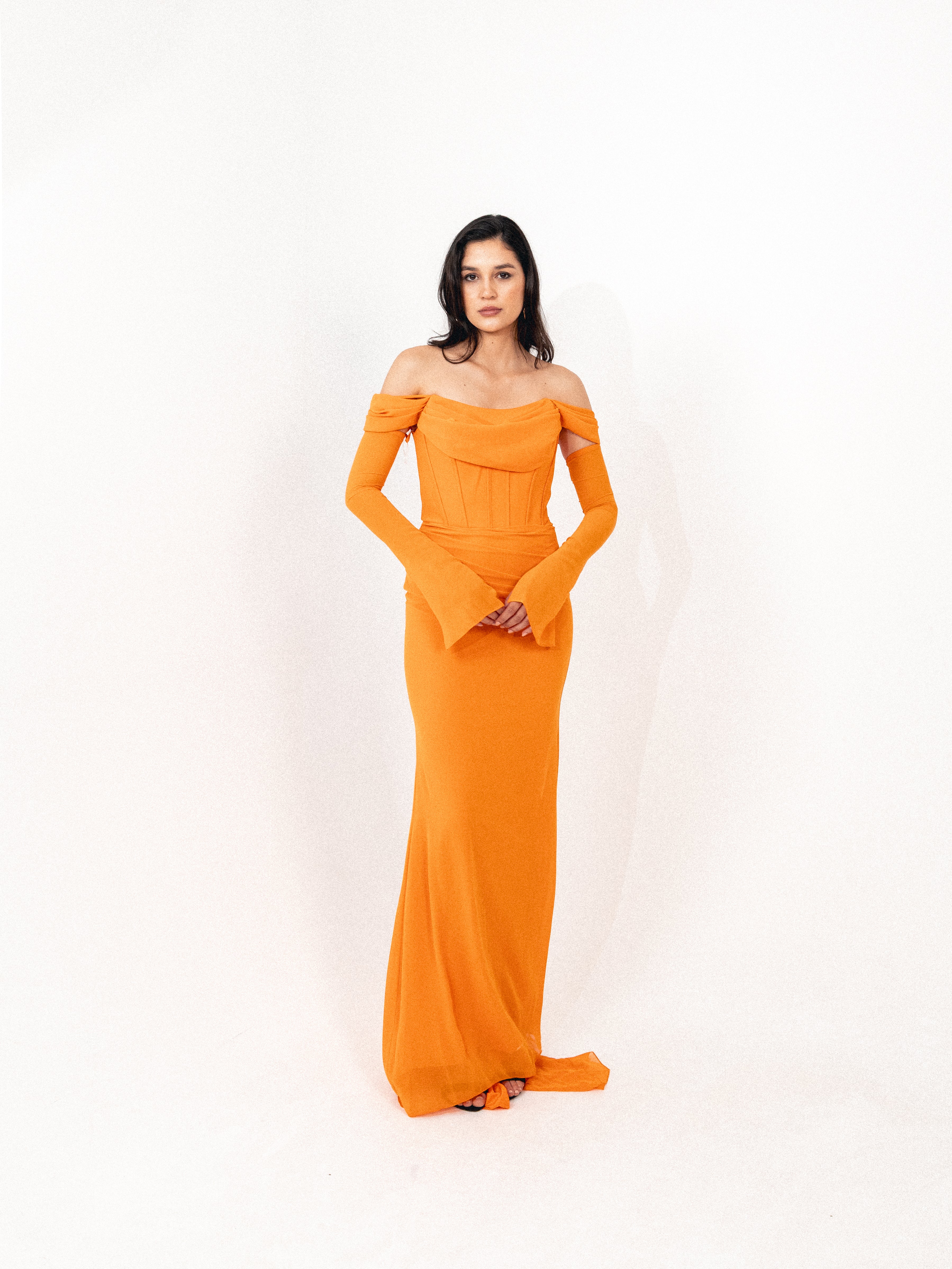 Off shoulder corset chiffon dress in ORANGE