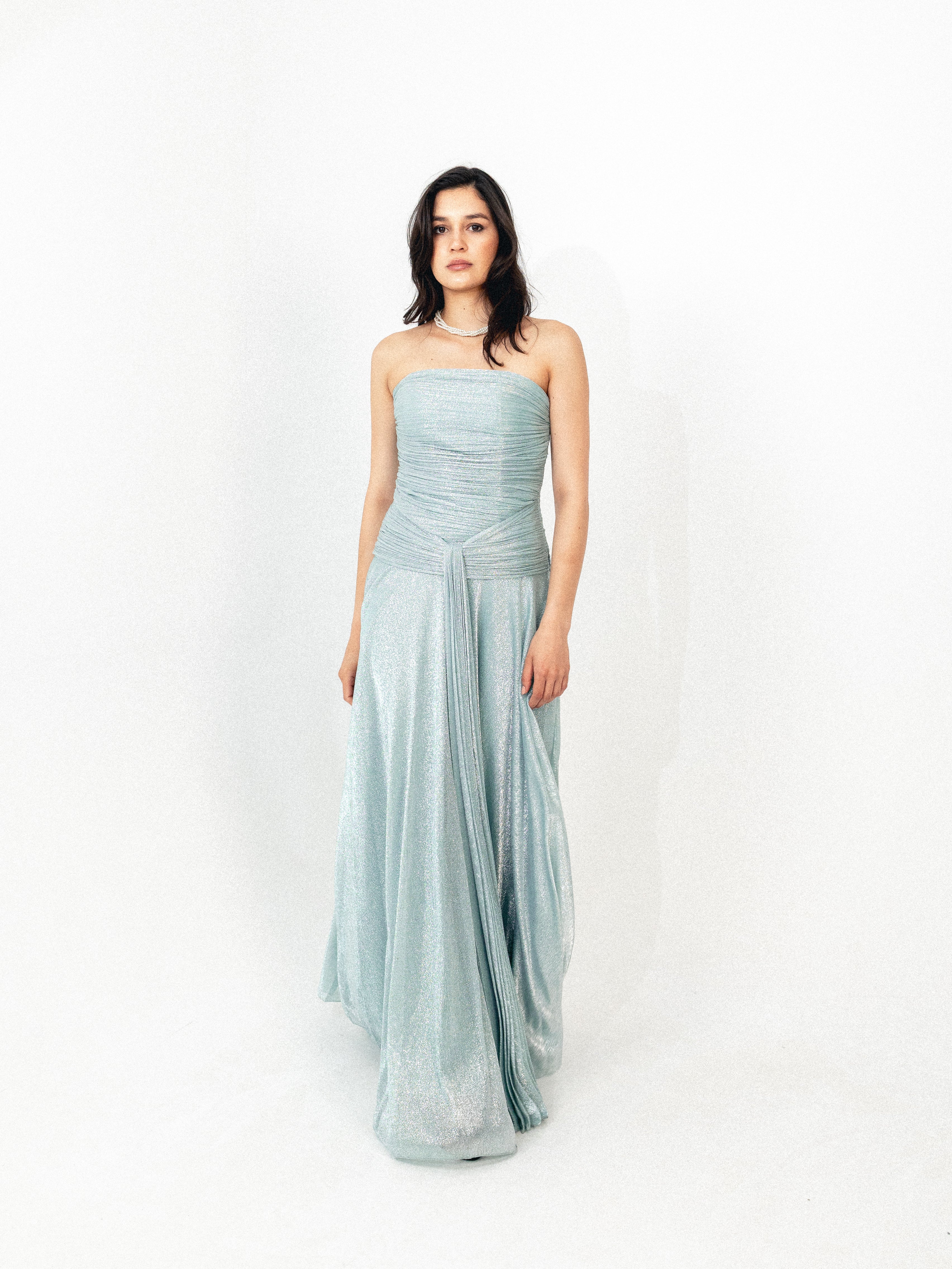 Strapless draped long dress in BABY blue