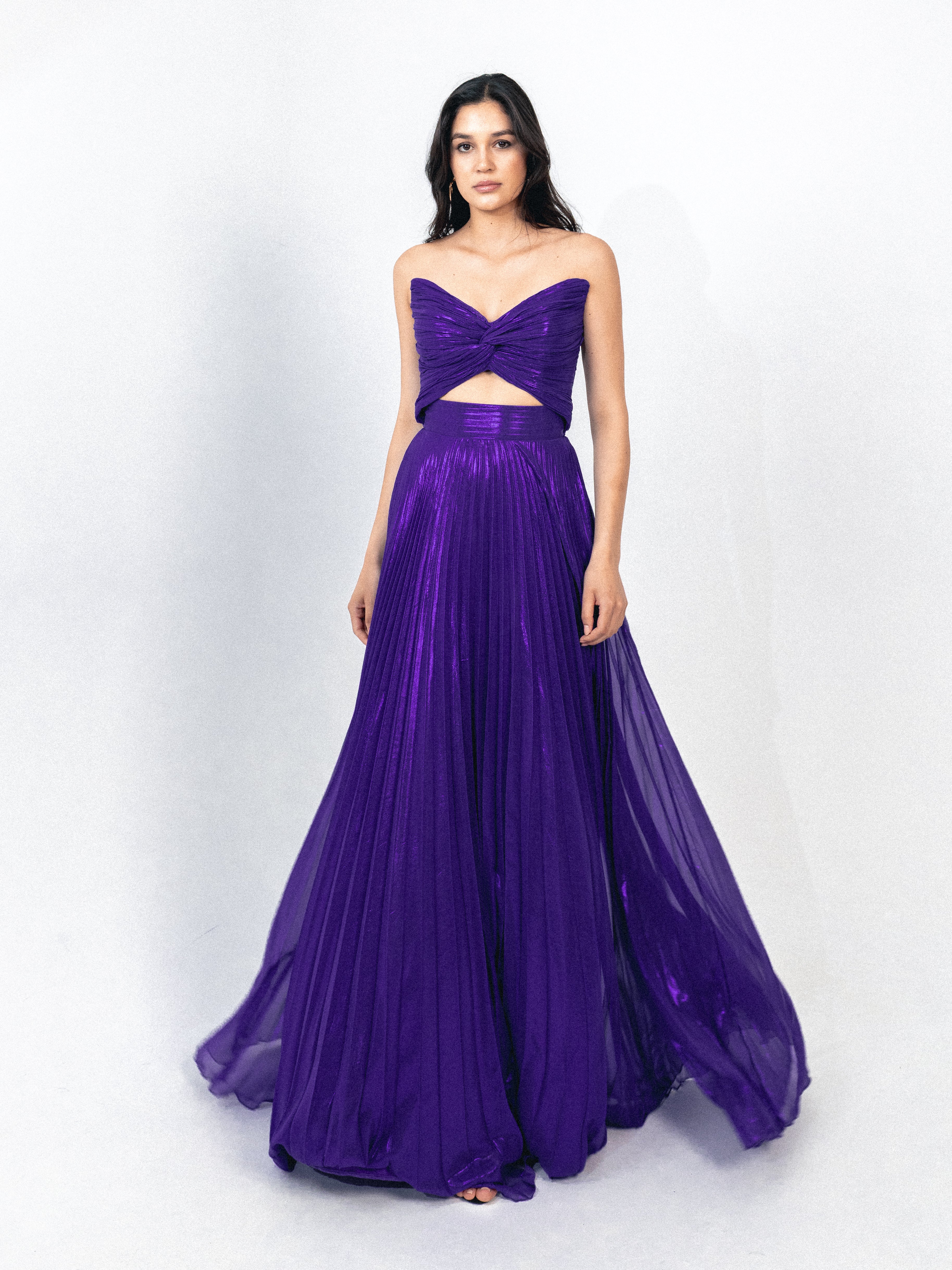 Strapless cutout plisse long dress in purple