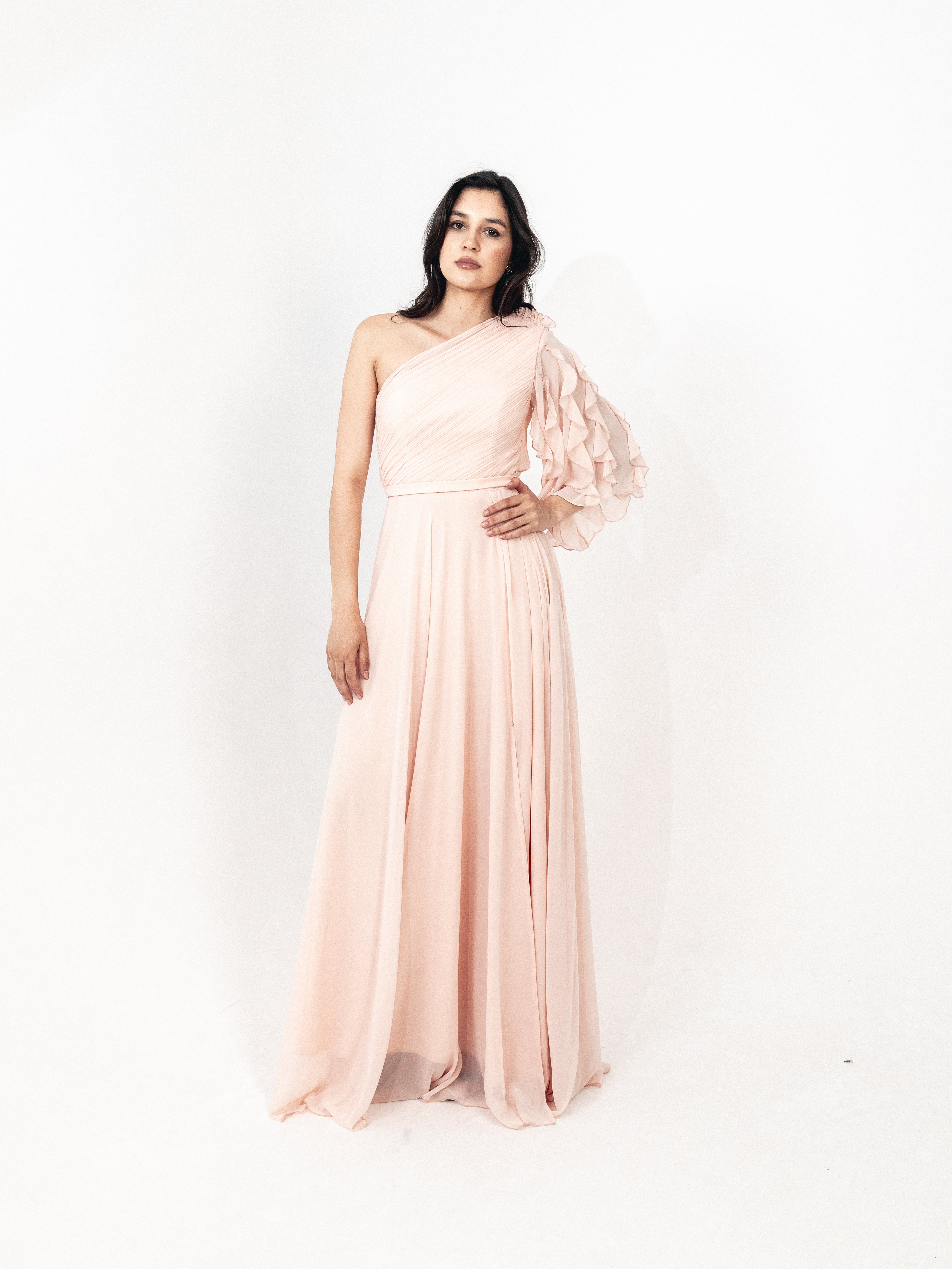 One shoulder chiffon dress with slit in SIMON