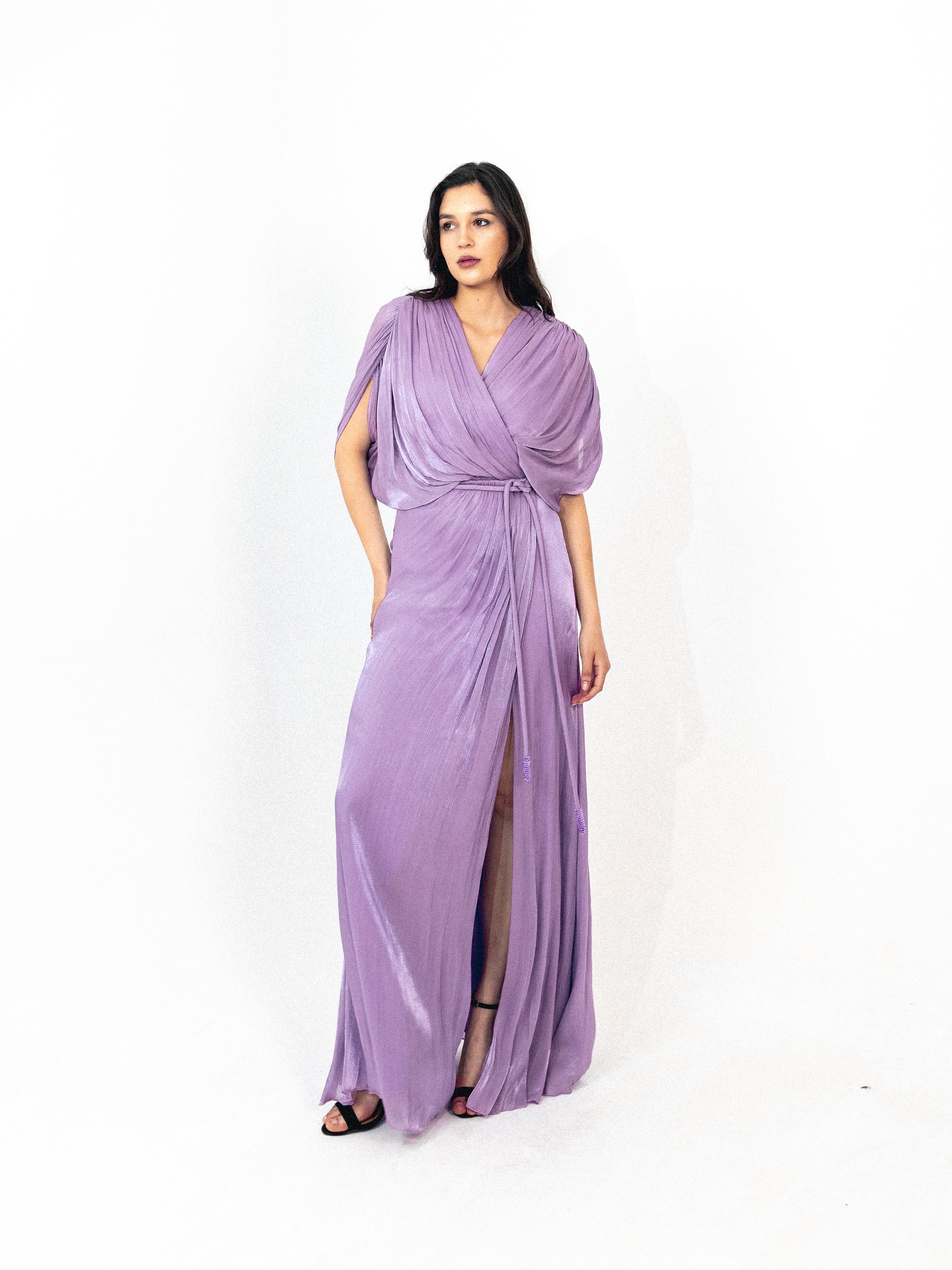 Draped organza long dress with slit in lilac