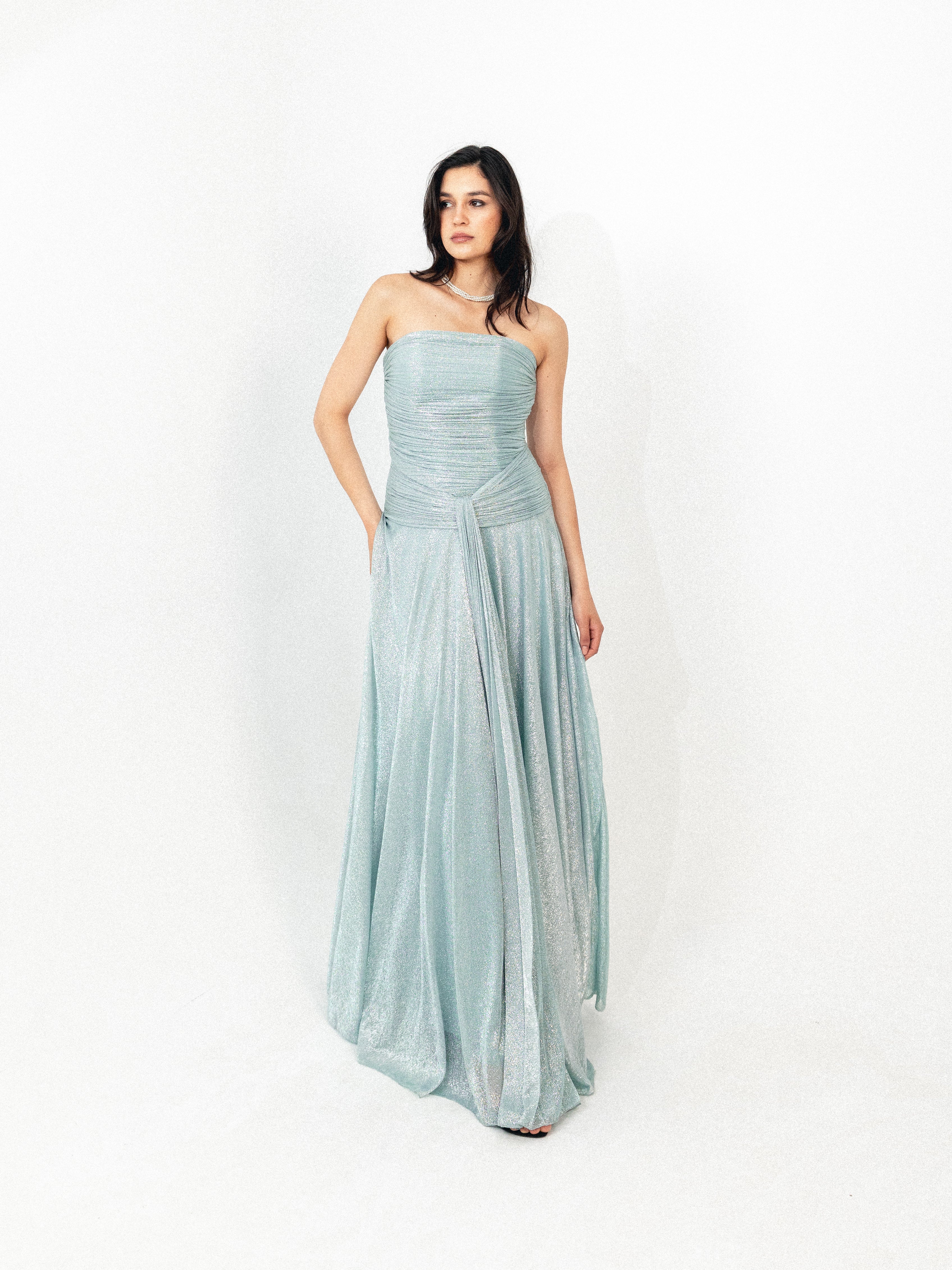 Strapless draped long dress in BABY blue