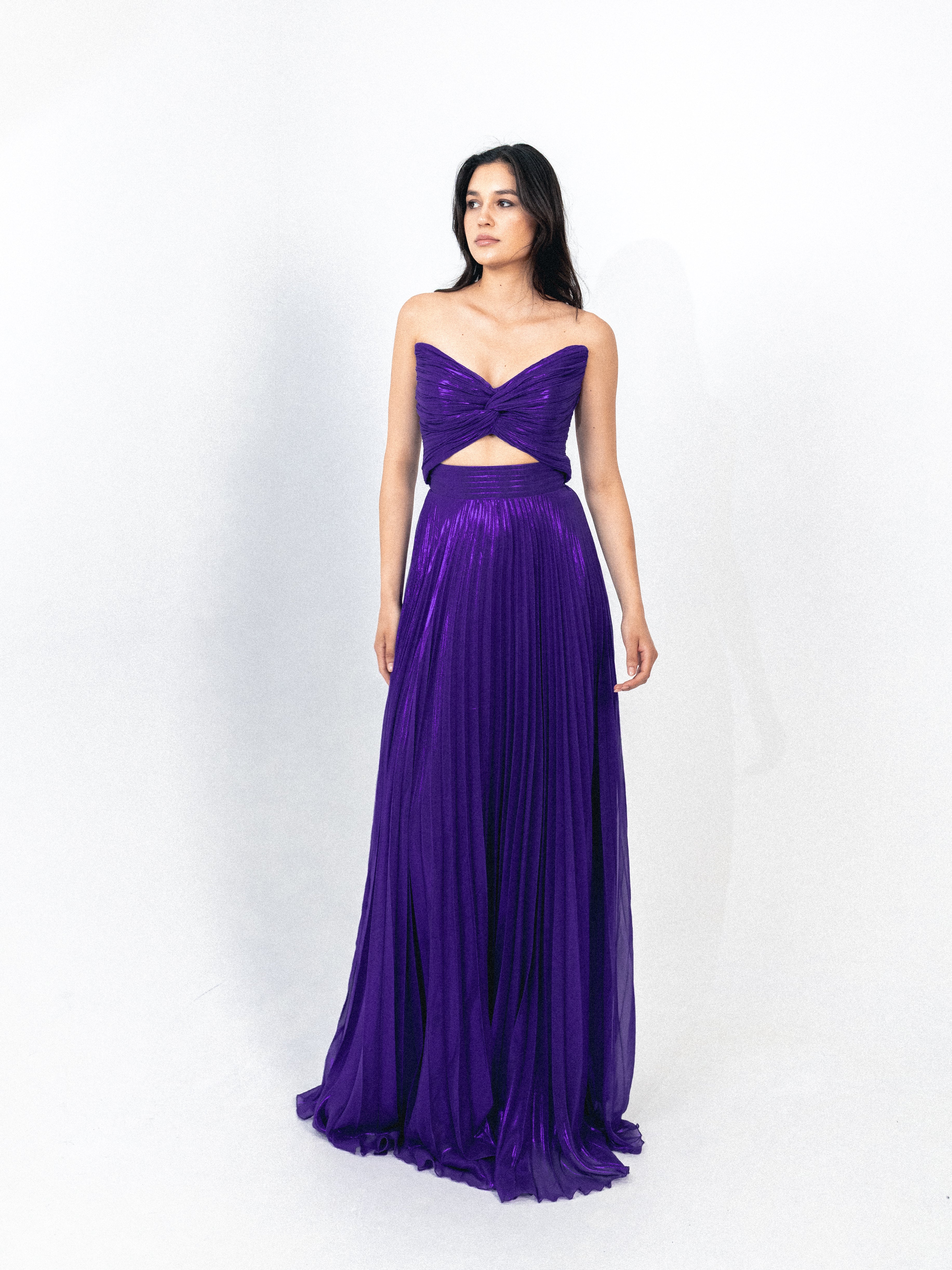 Strapless cutout plisse long dress in purple