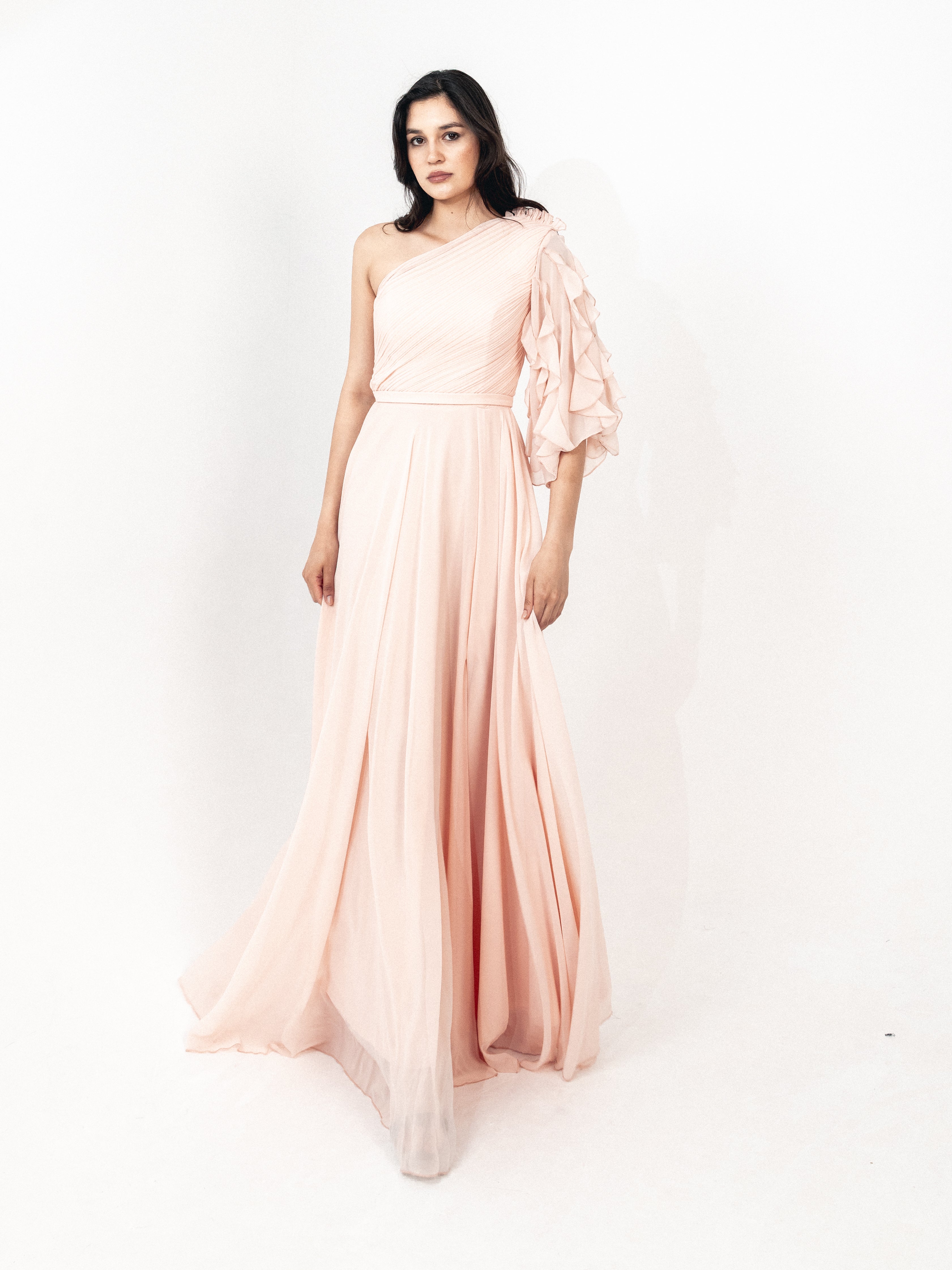 One shoulder chiffon dress with slit in SIMON