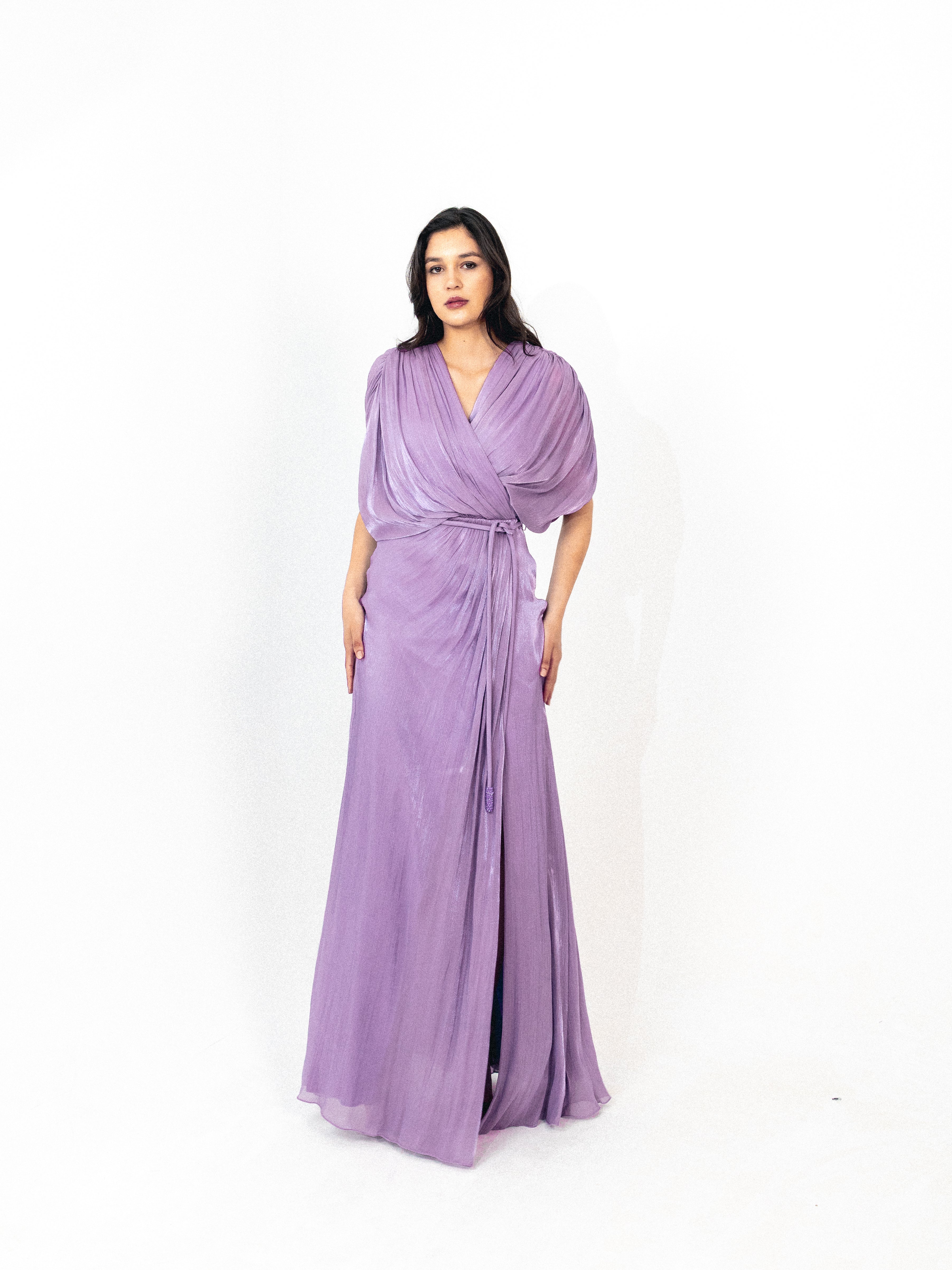 Draped organza long dress with slit in lilac