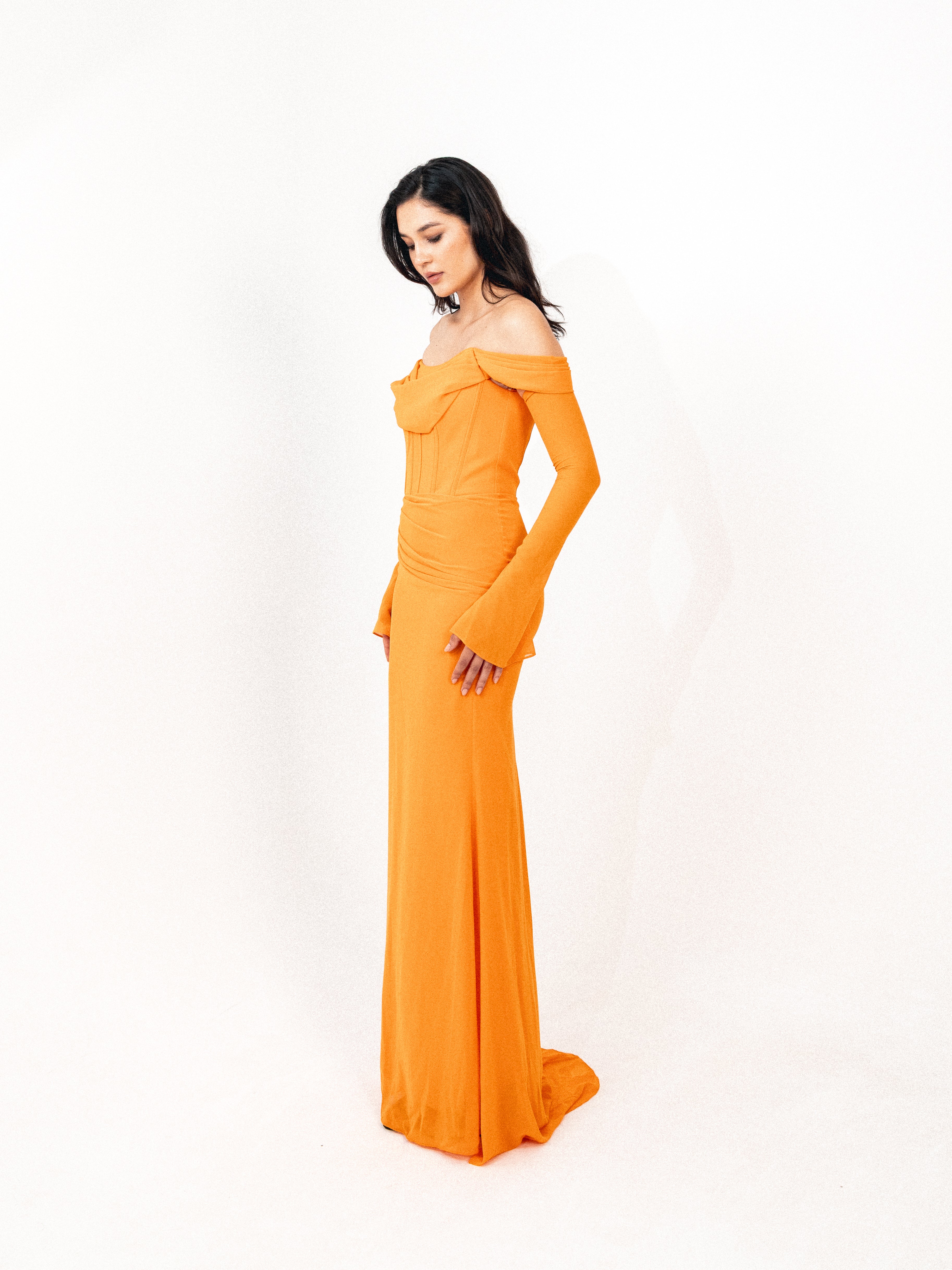 Off shoulder corset chiffon dress in ORANGE