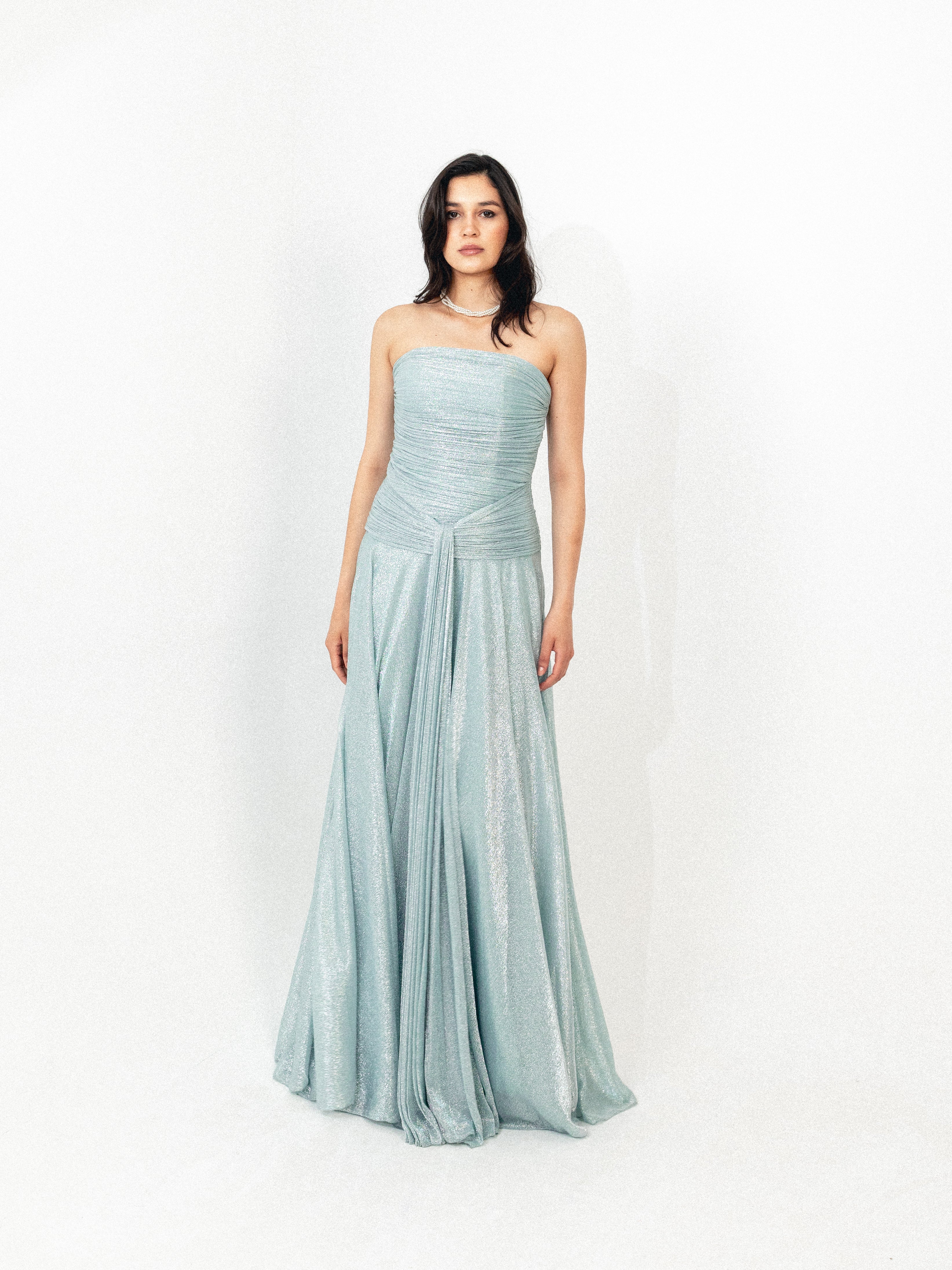 Strapless draped long dress in BABY blue