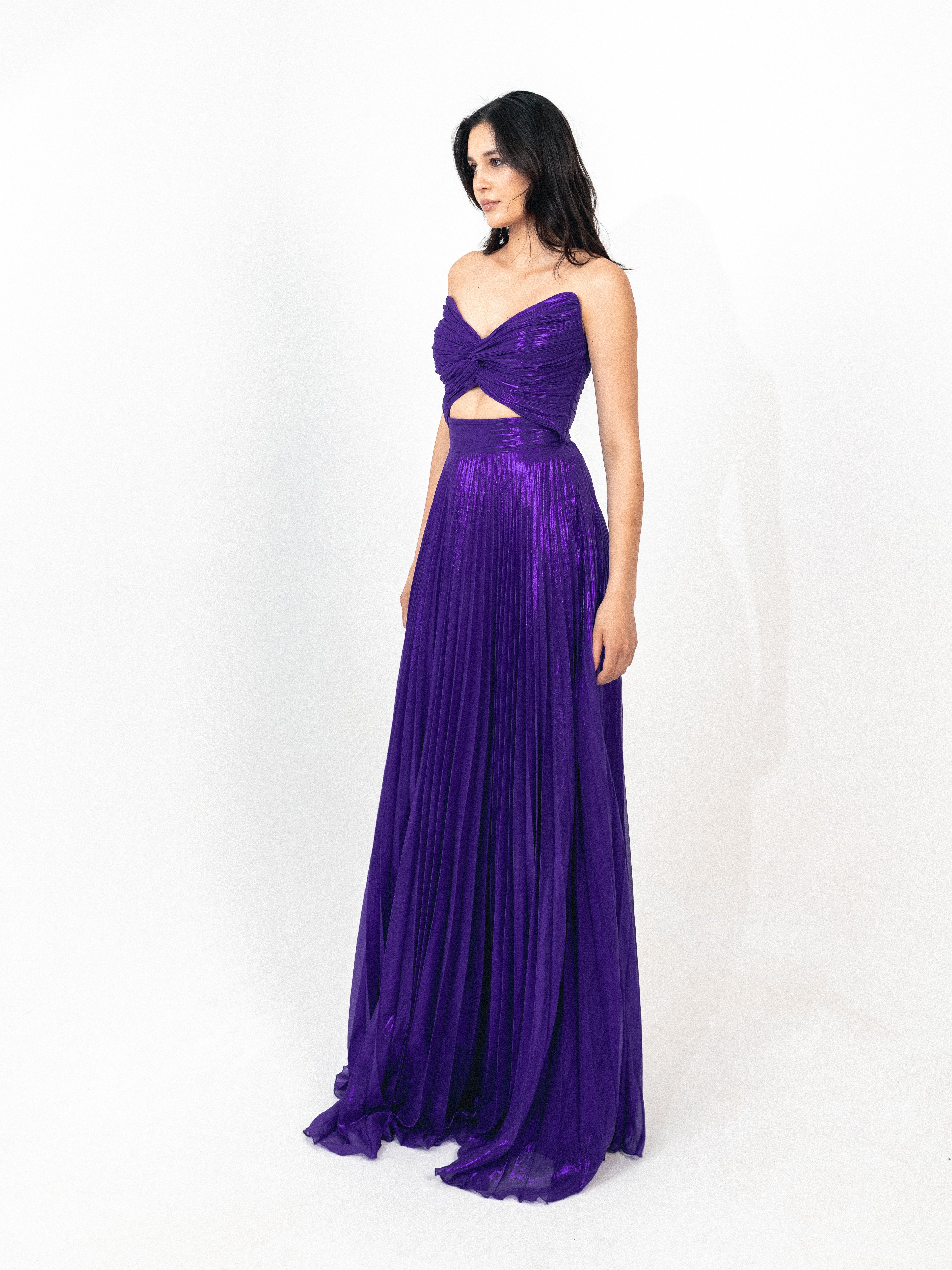 Strapless cutout plisse long dress in purple