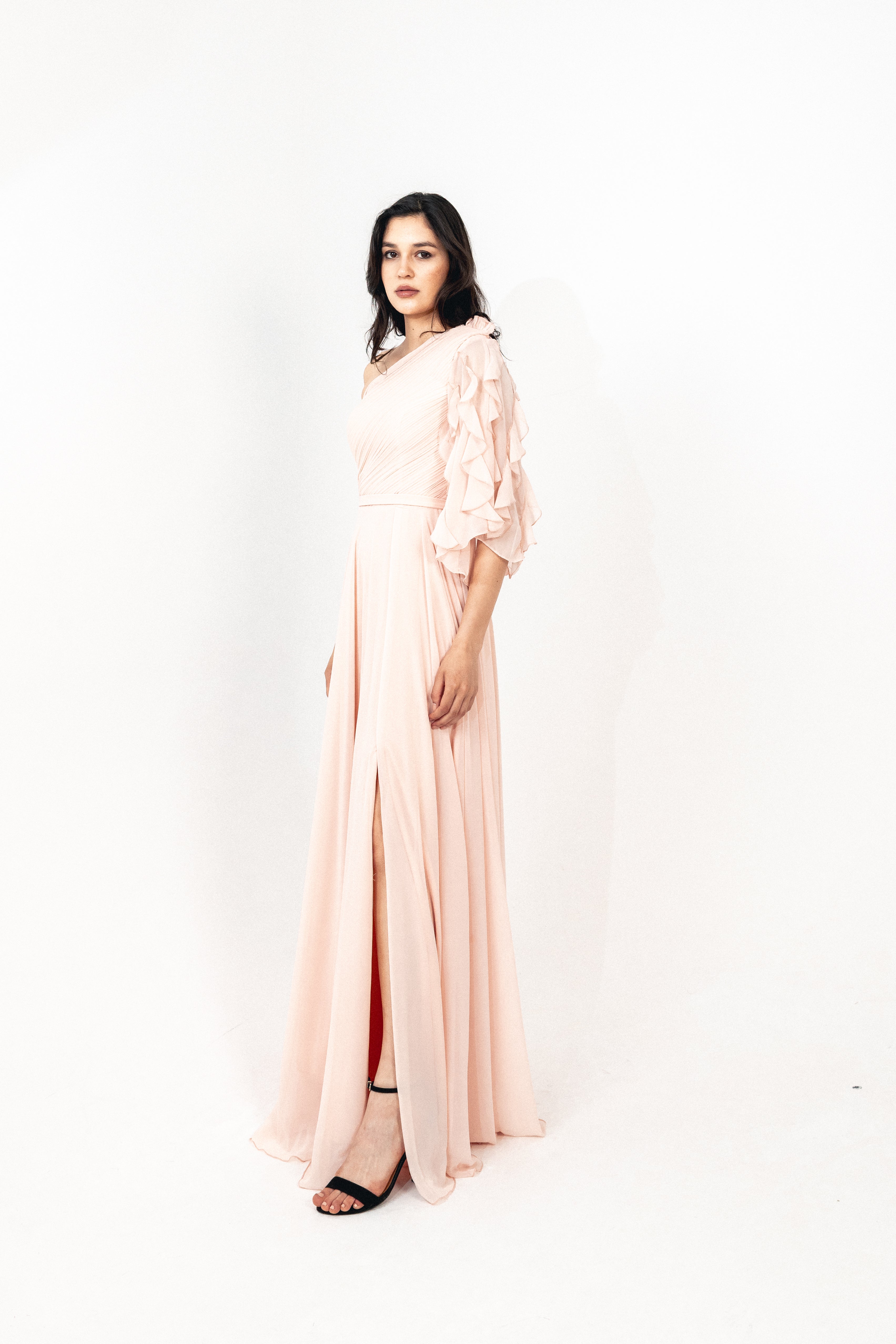 One shoulder chiffon dress with slit in SIMON