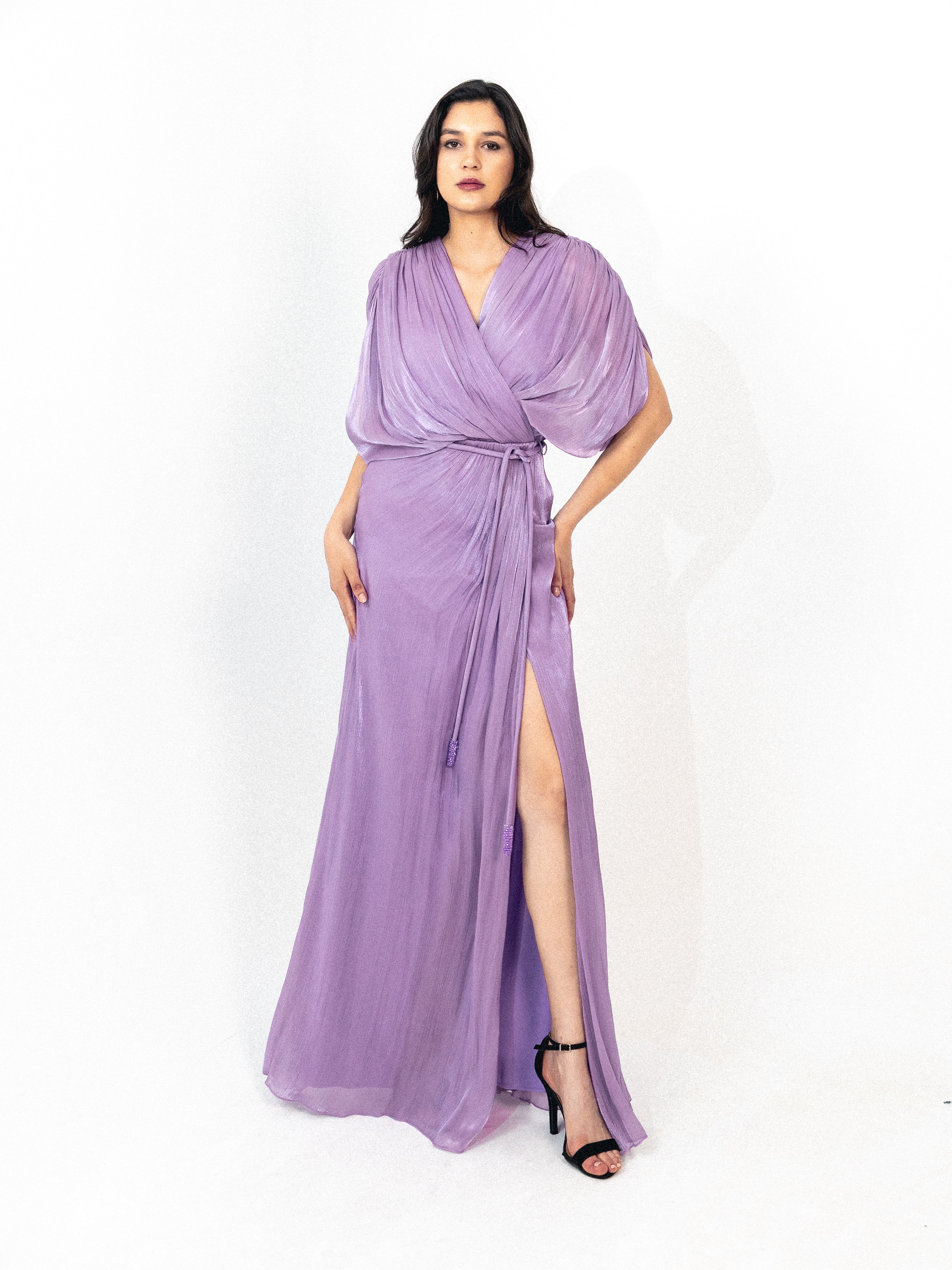 Draped organza long dress with slit in lilac