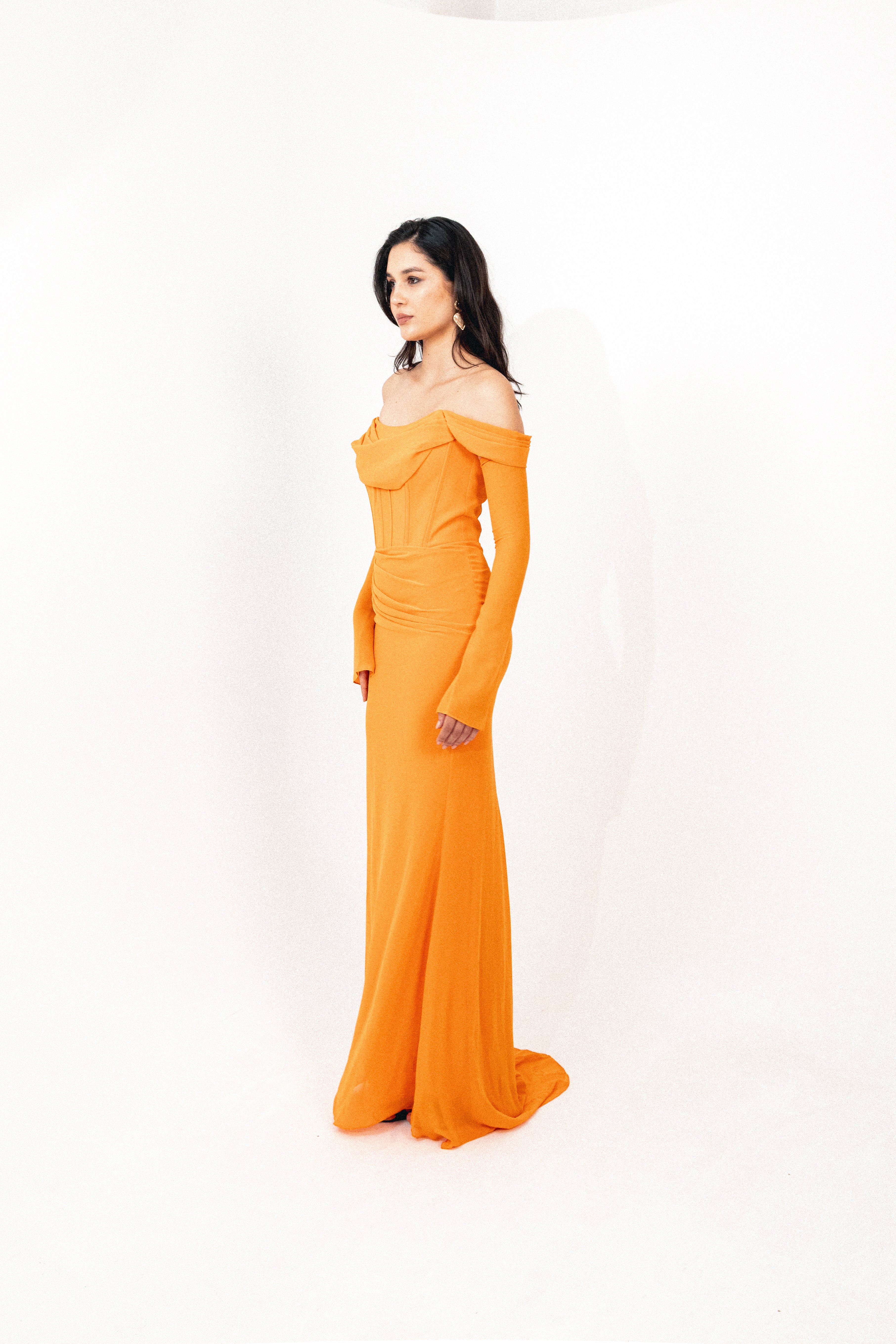 Off shoulder corset chiffon dress in ORANGE