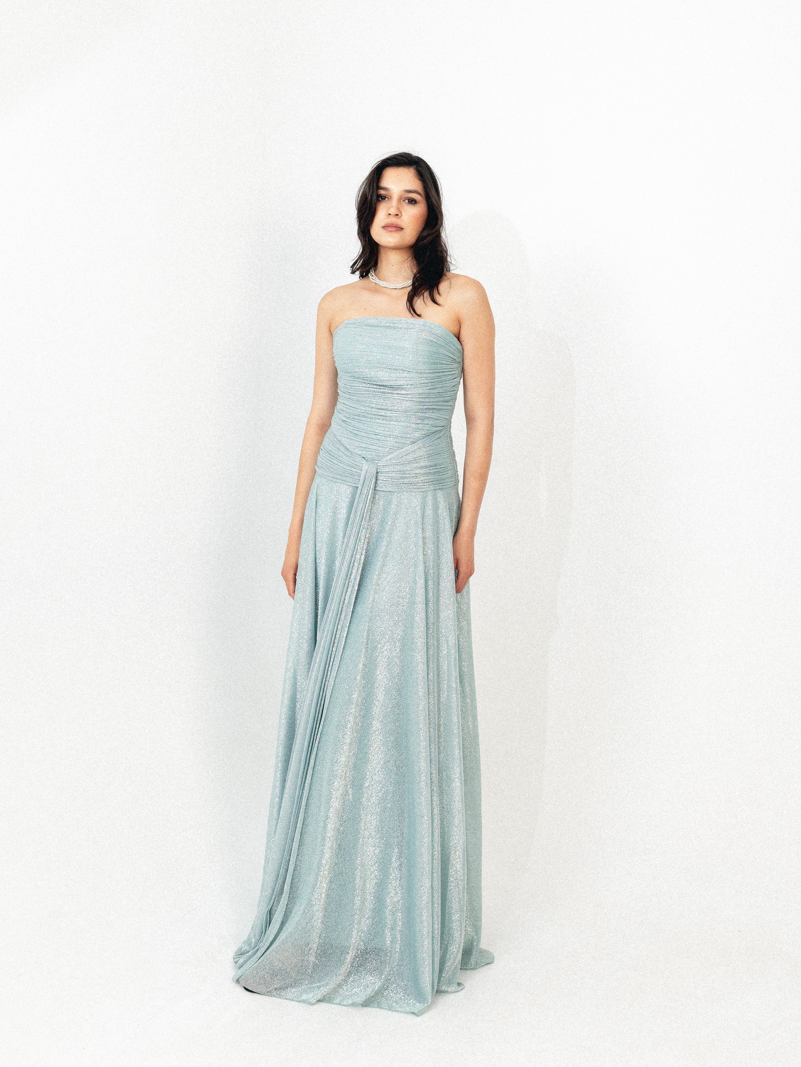 Strapless draped long dress in BABY blue