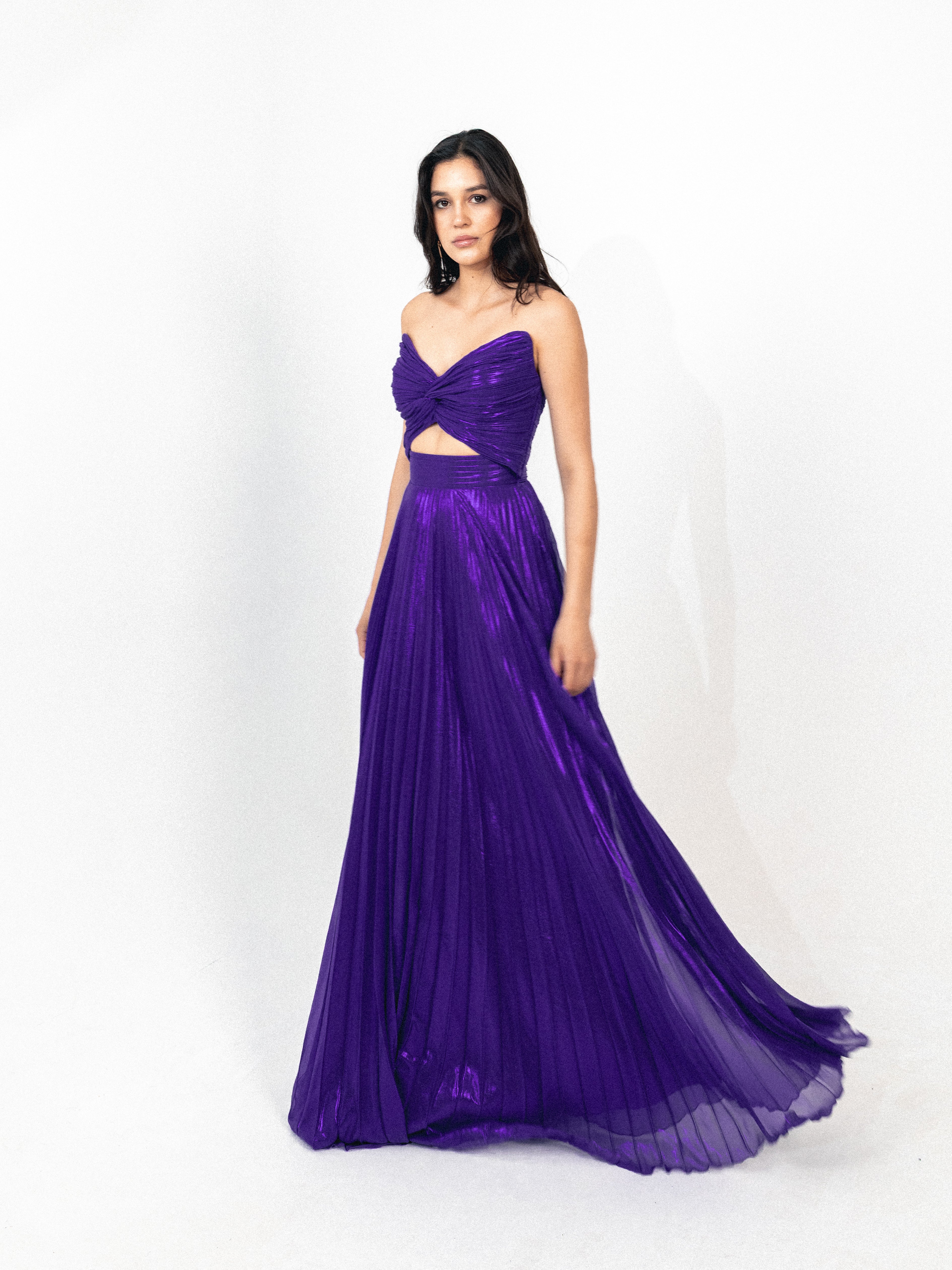 Strapless cutout plisse long dress in purple
